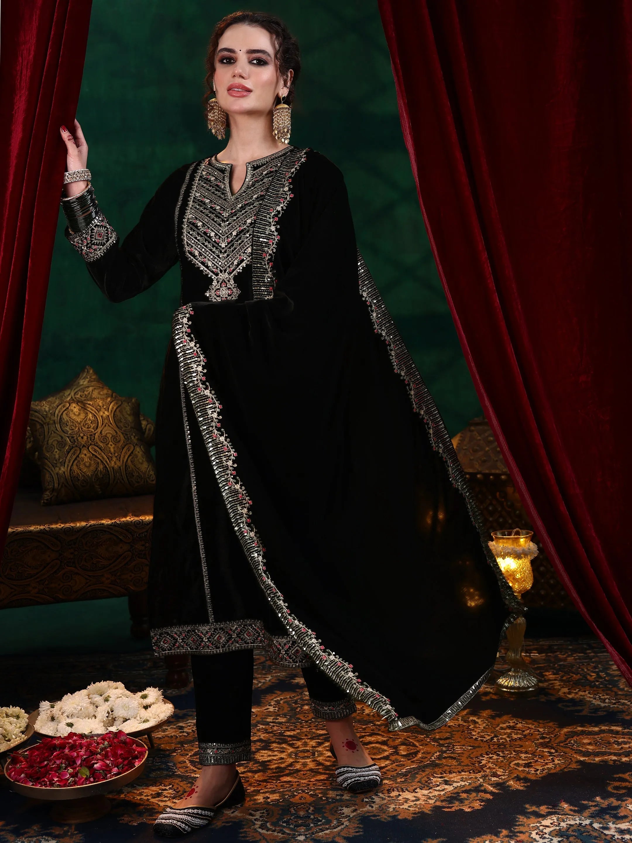 Black Embroidered Velvet Straight Suit With Dupatta
