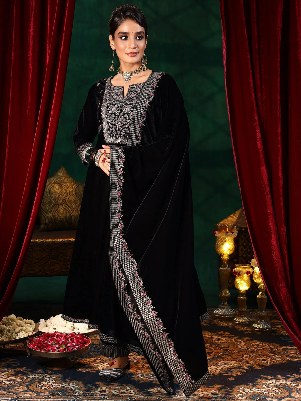 Black Embroidered Velvet A-line Kurta  With Trousers & Dupatta