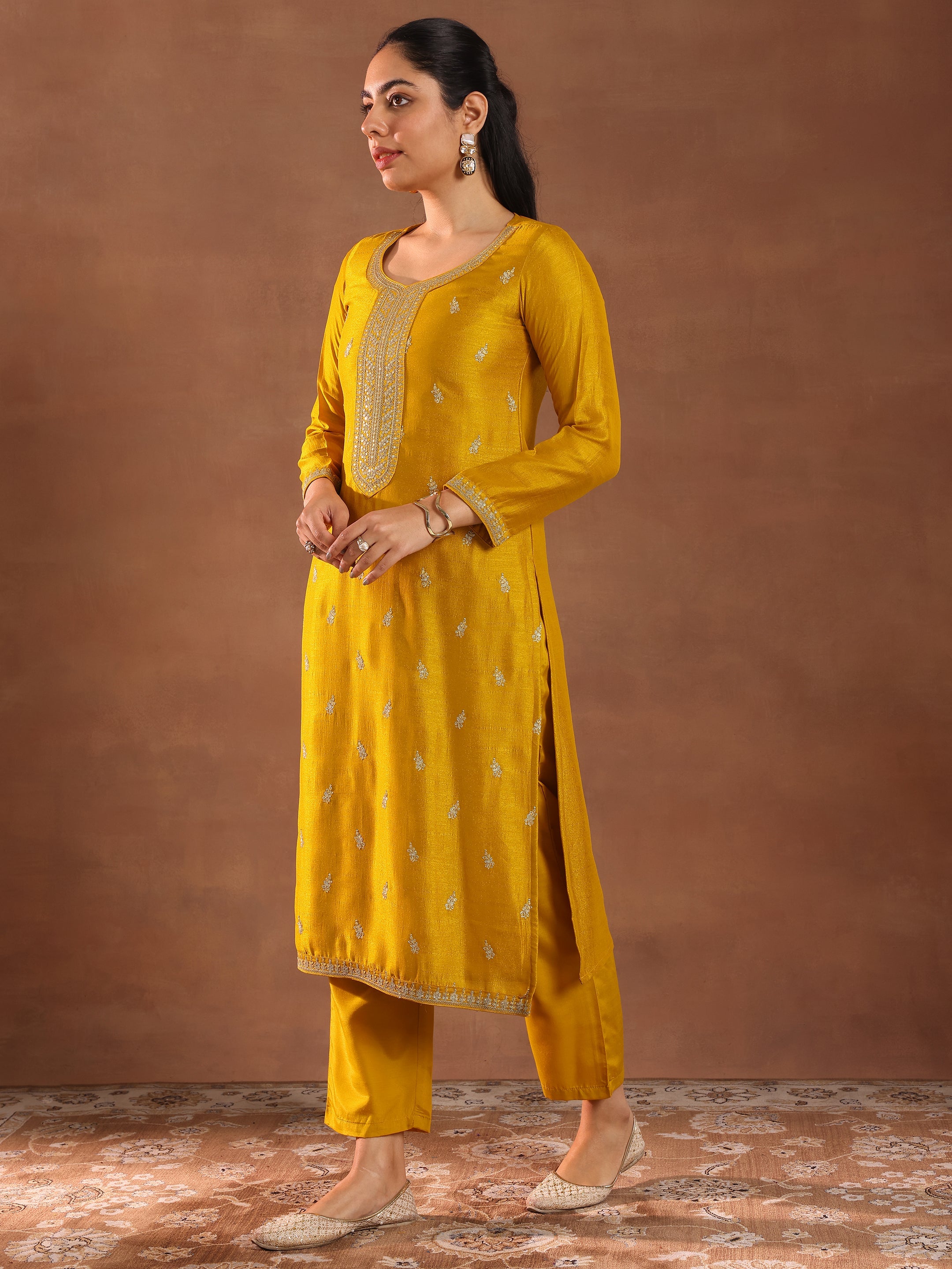 Mustard Embroidered Silk Blend Straight Suit With Dupatta