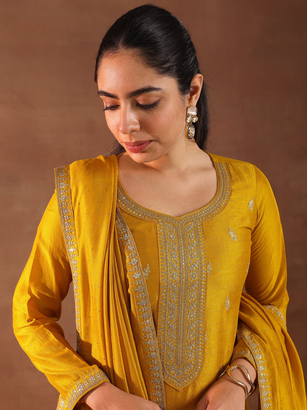 Mustard Embroidered Silk Blend Straight Suit With Dupatta