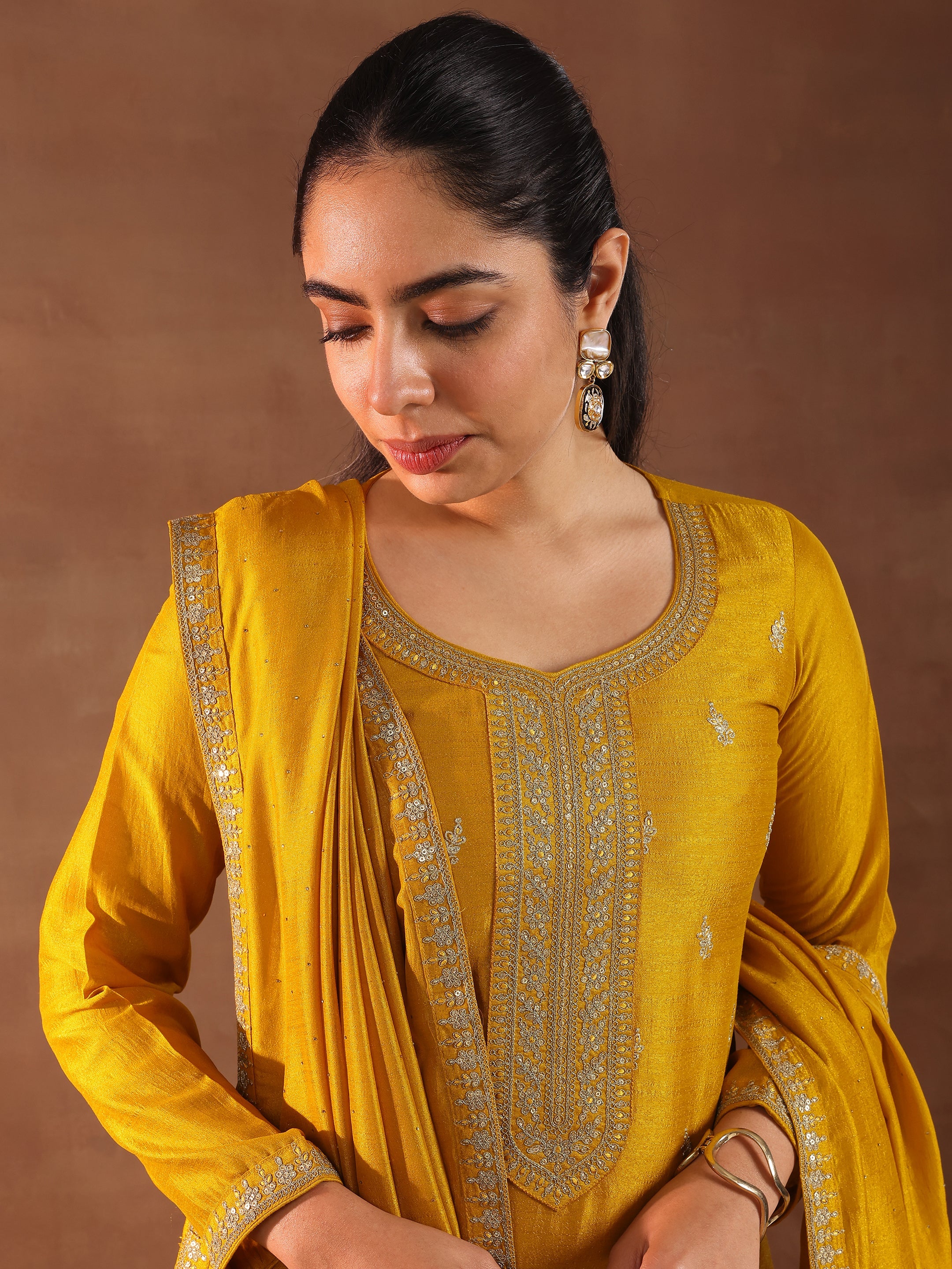 Mustard Embroidered Silk Blend Straight Suit With Dupatta