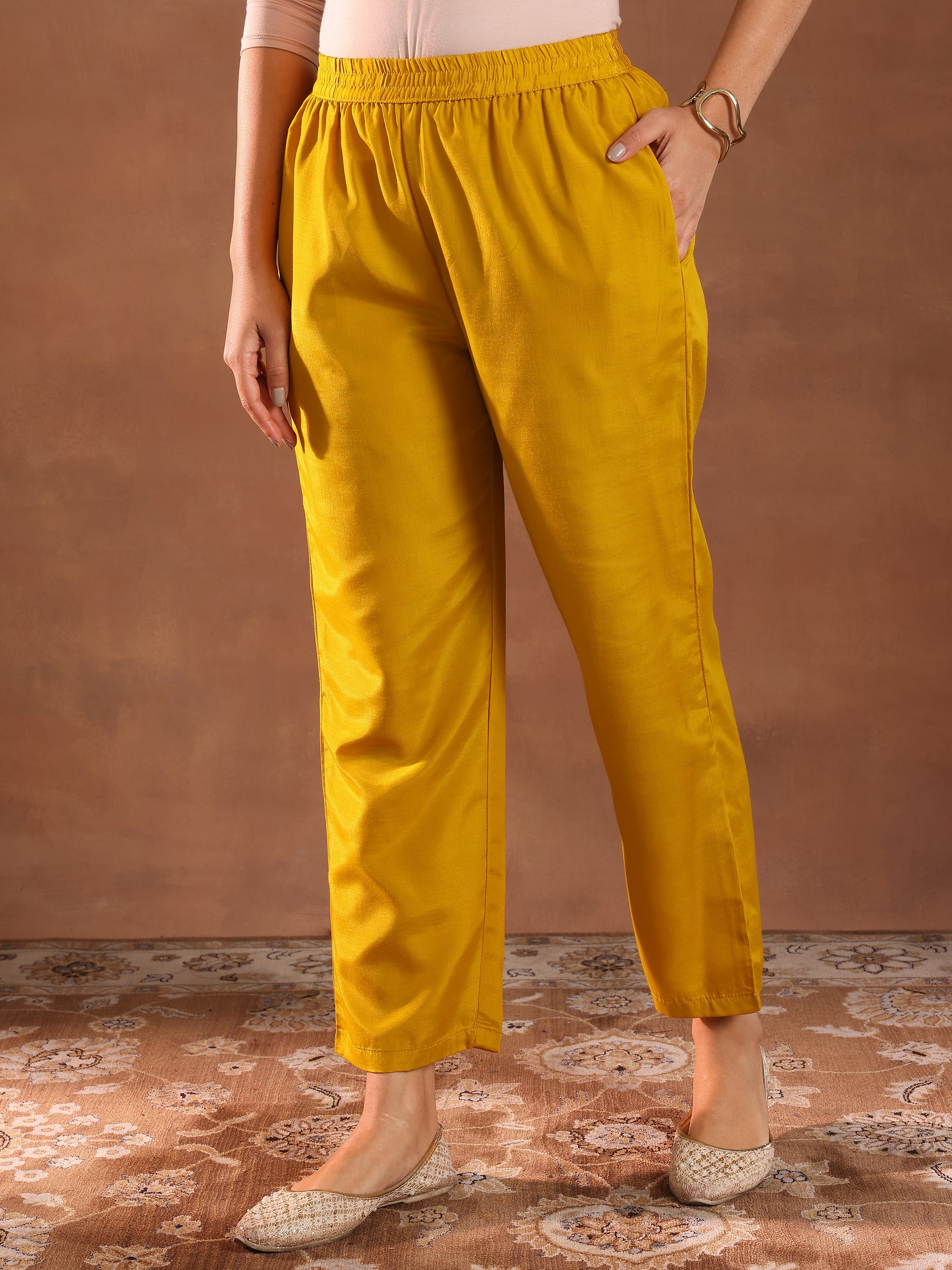 Mustard Embroidered Silk Blend Straight Suit With Dupatta