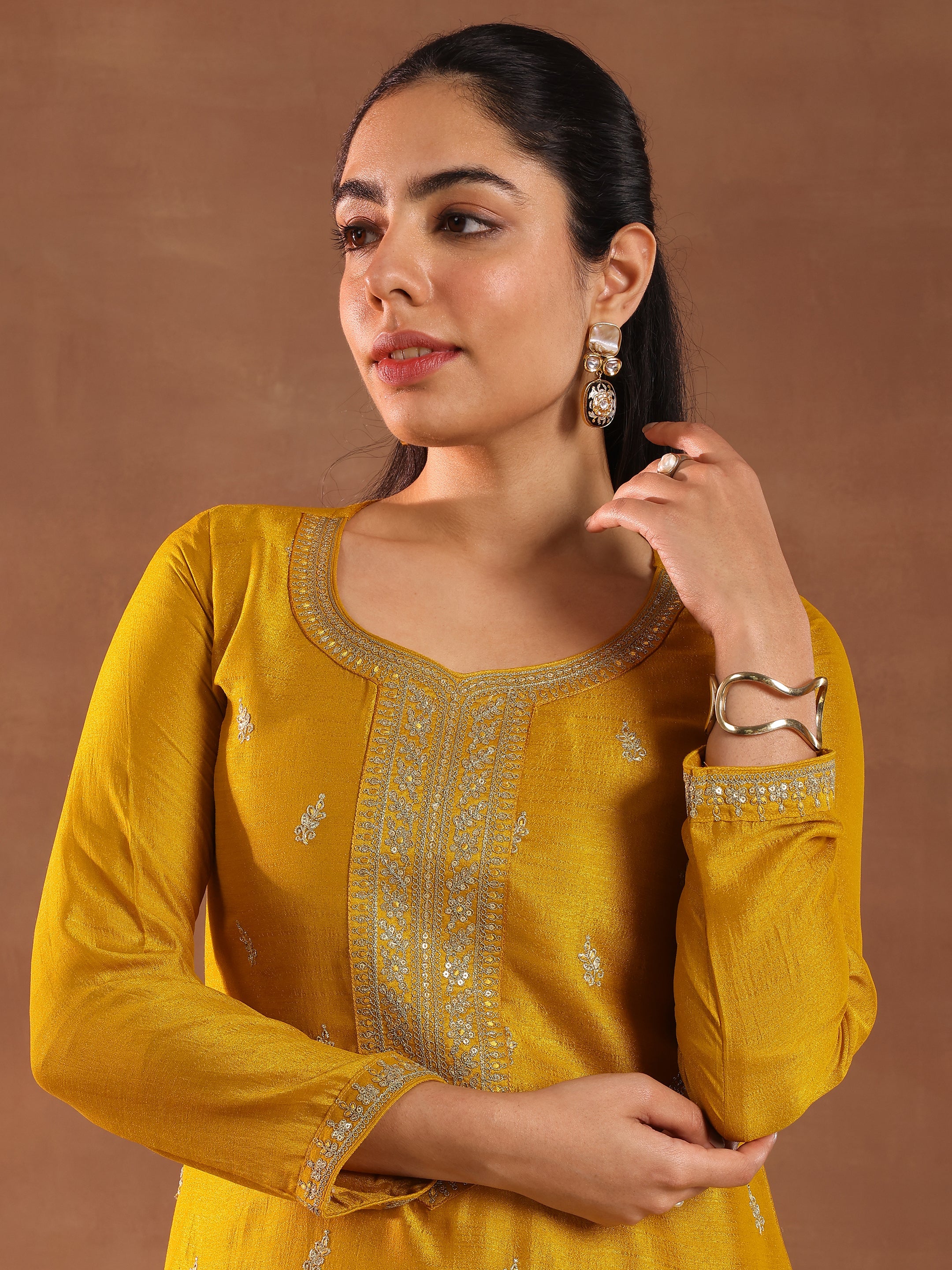 Mustard Embroidered Silk Blend Straight Suit With Dupatta
