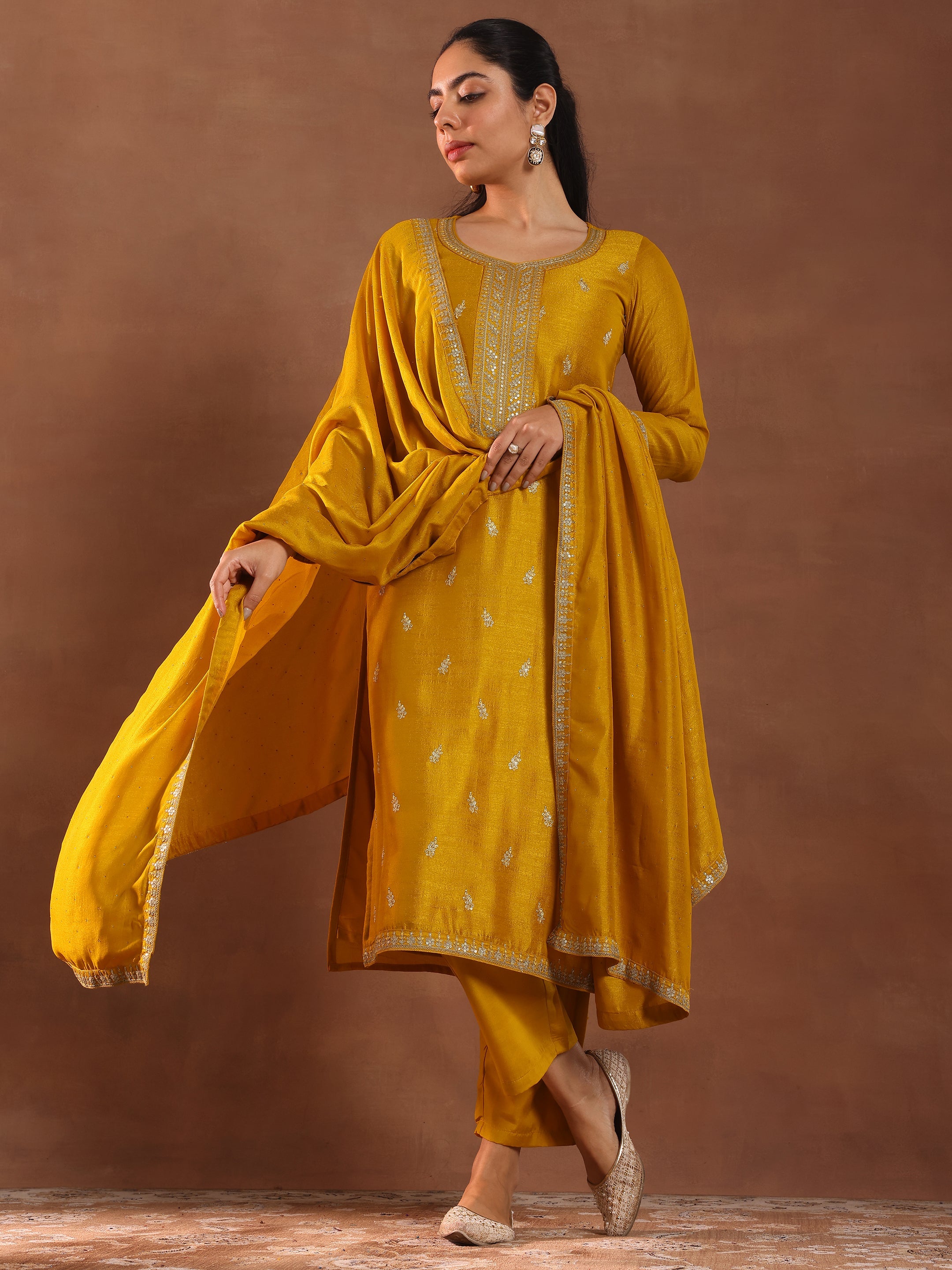 Mustard Embroidered Silk Blend Straight Suit With Dupatta