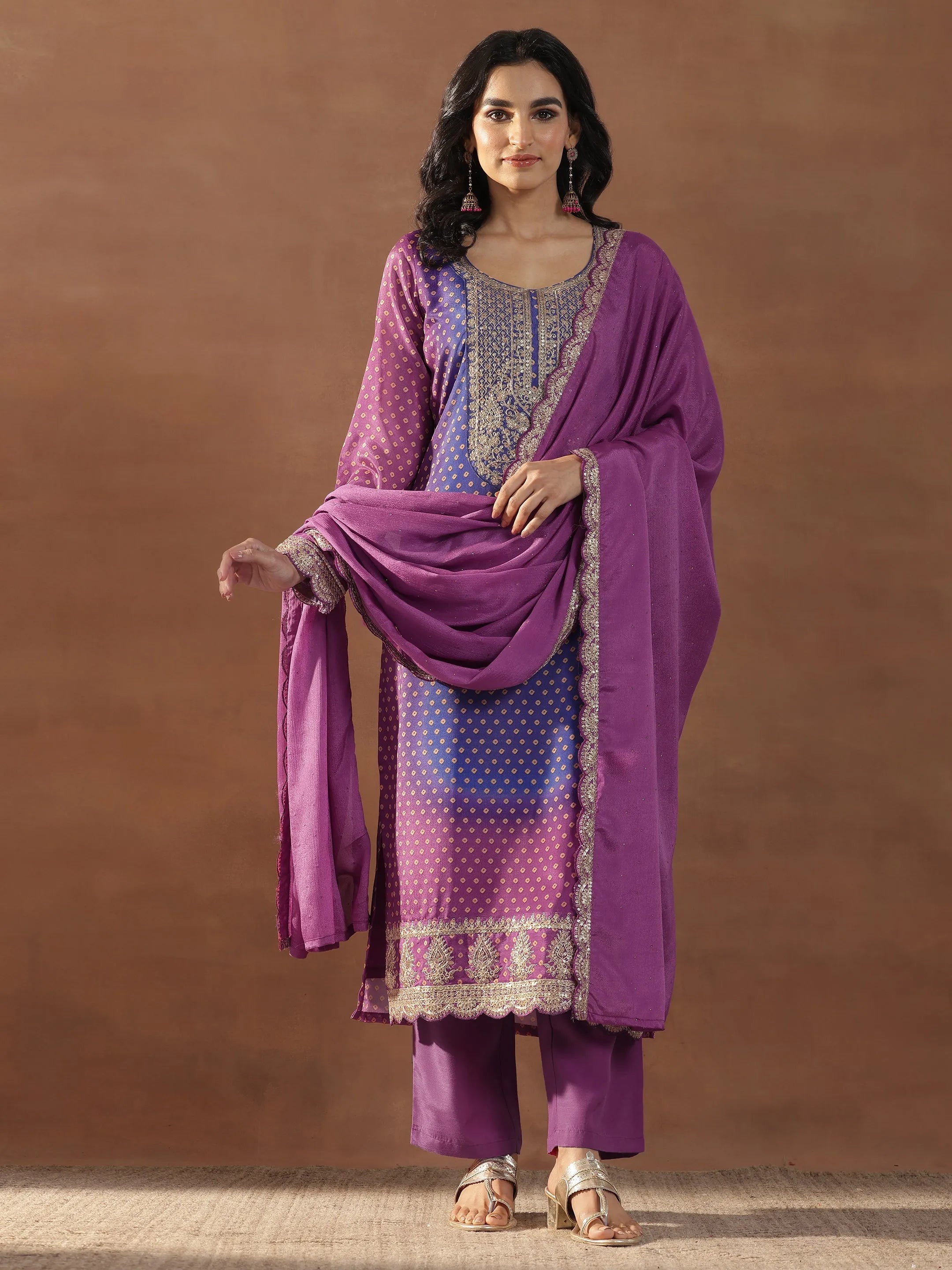 Magenta Printed Silk Blend Straight Suit Set With Dupatta
