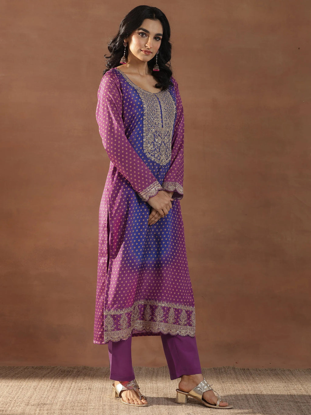 Magenta Printed Silk Blend Straight Suit Set With Dupatta