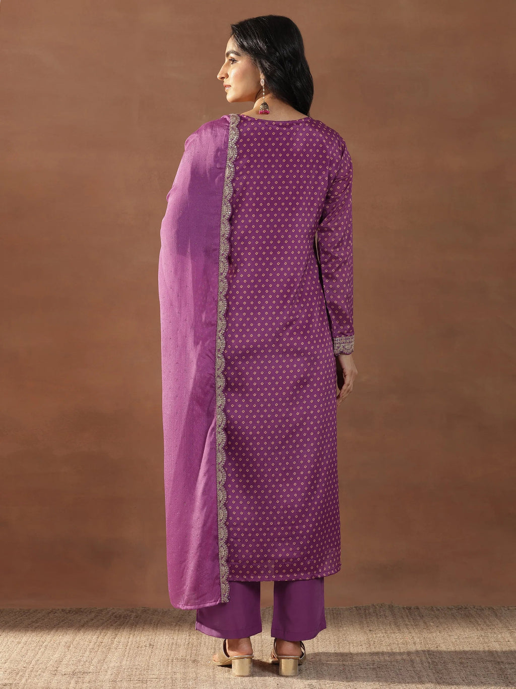 Magenta Printed Silk Blend Straight Suit Set With Dupatta