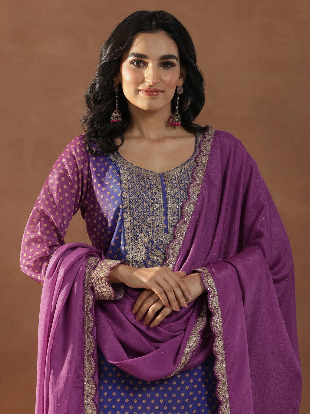 Magenta Printed Silk Blend Straight Suit Set With Dupatta