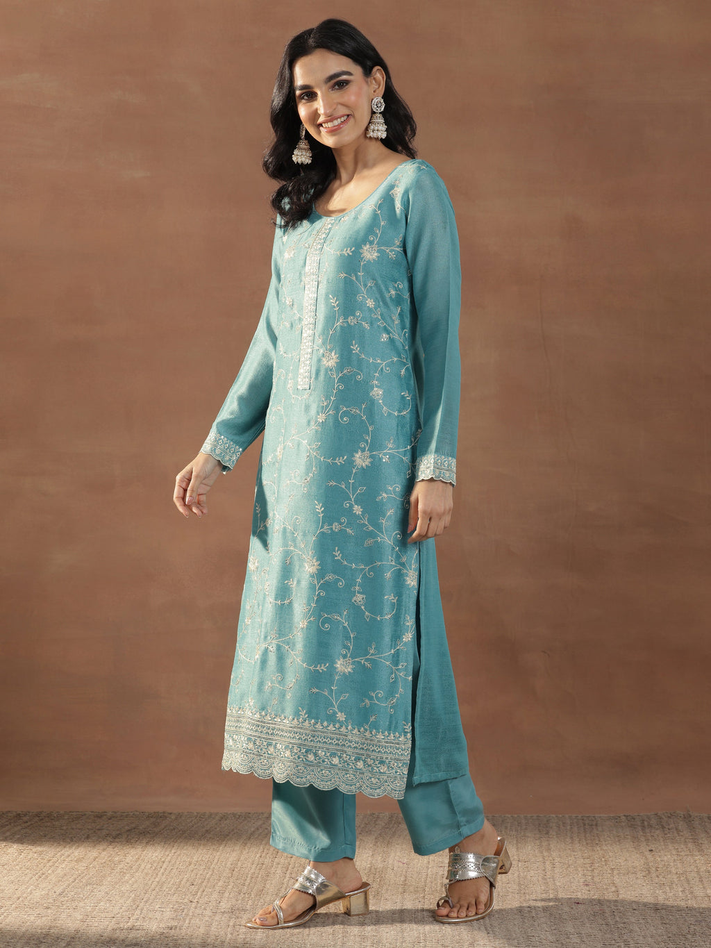 Blue Embroidered Silk Blend Straight Suits With Dupatta