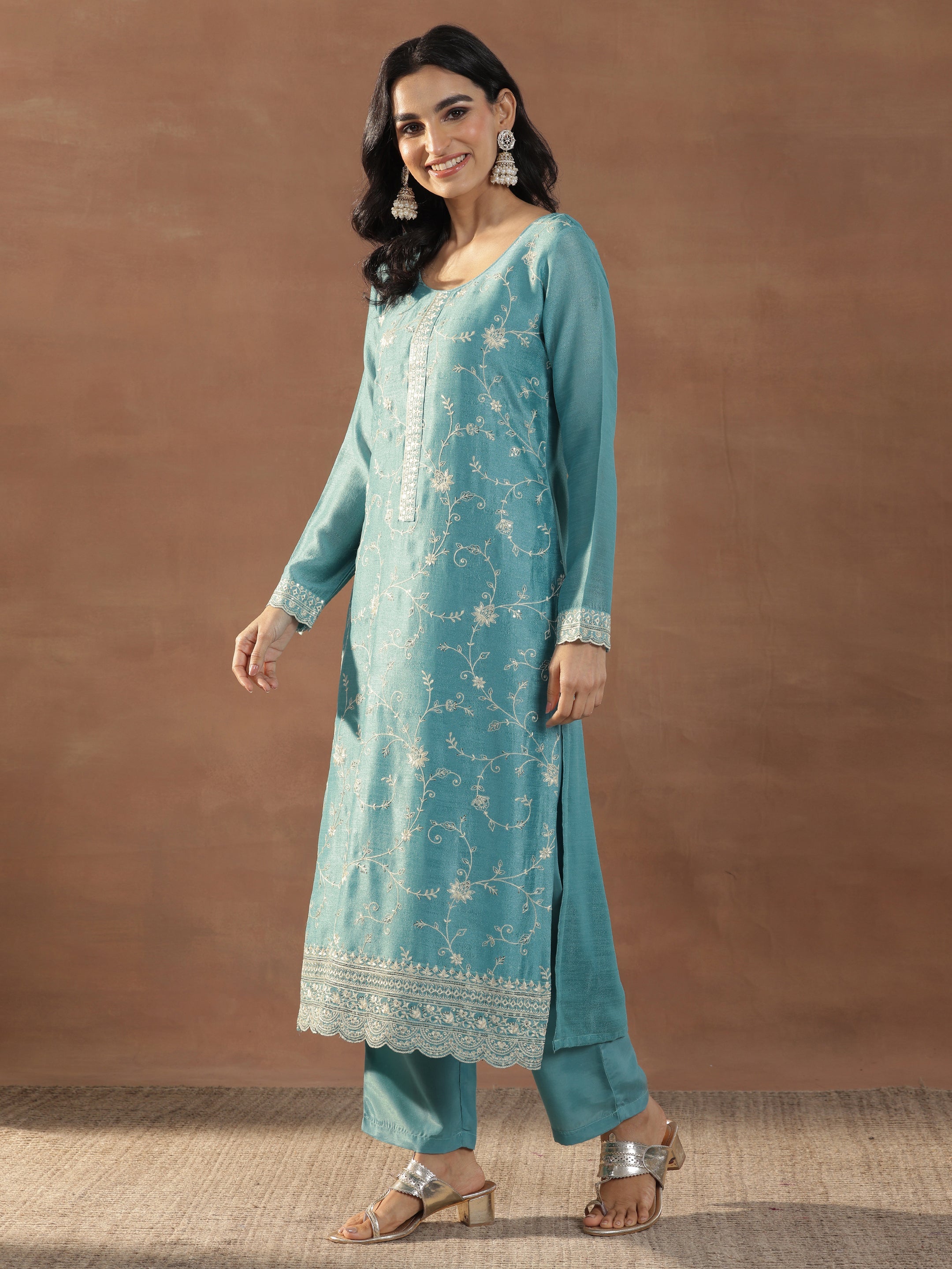 Blue Embroidered Silk Blend Straight Suits With Dupatta