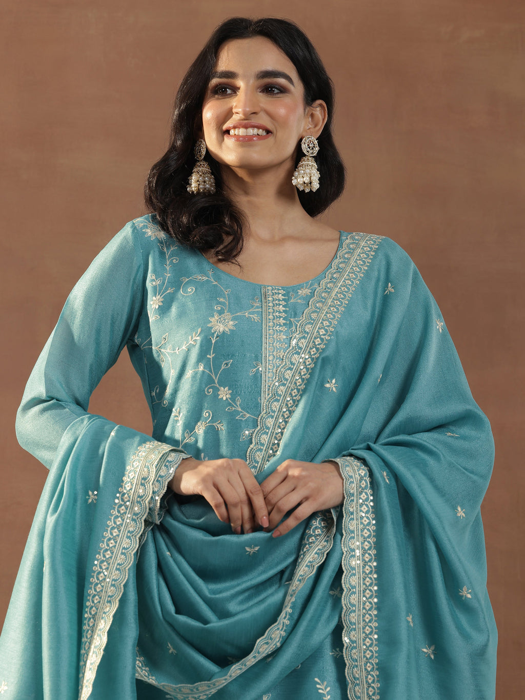 Blue Embroidered Silk Blend Straight Suits With Dupatta