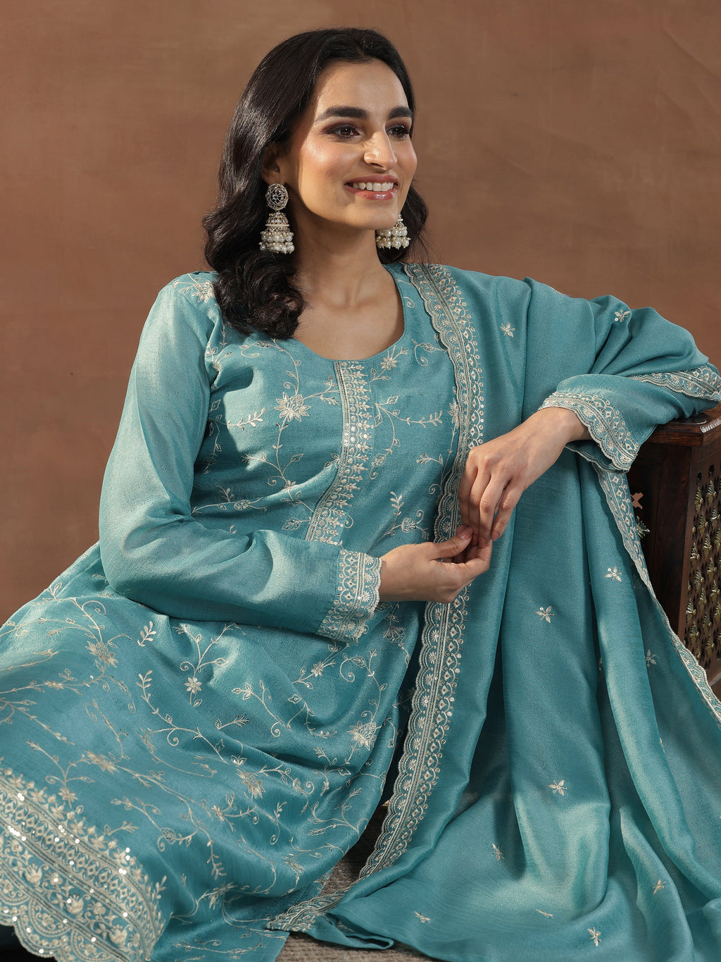 Blue Embroidered Silk Blend Straight Suits With Dupatta