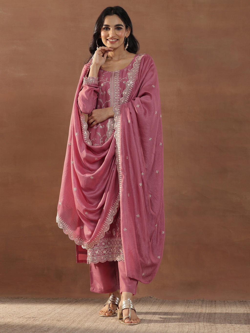 Pink Embroidered Silk Blend Straight Suits With Dupatta