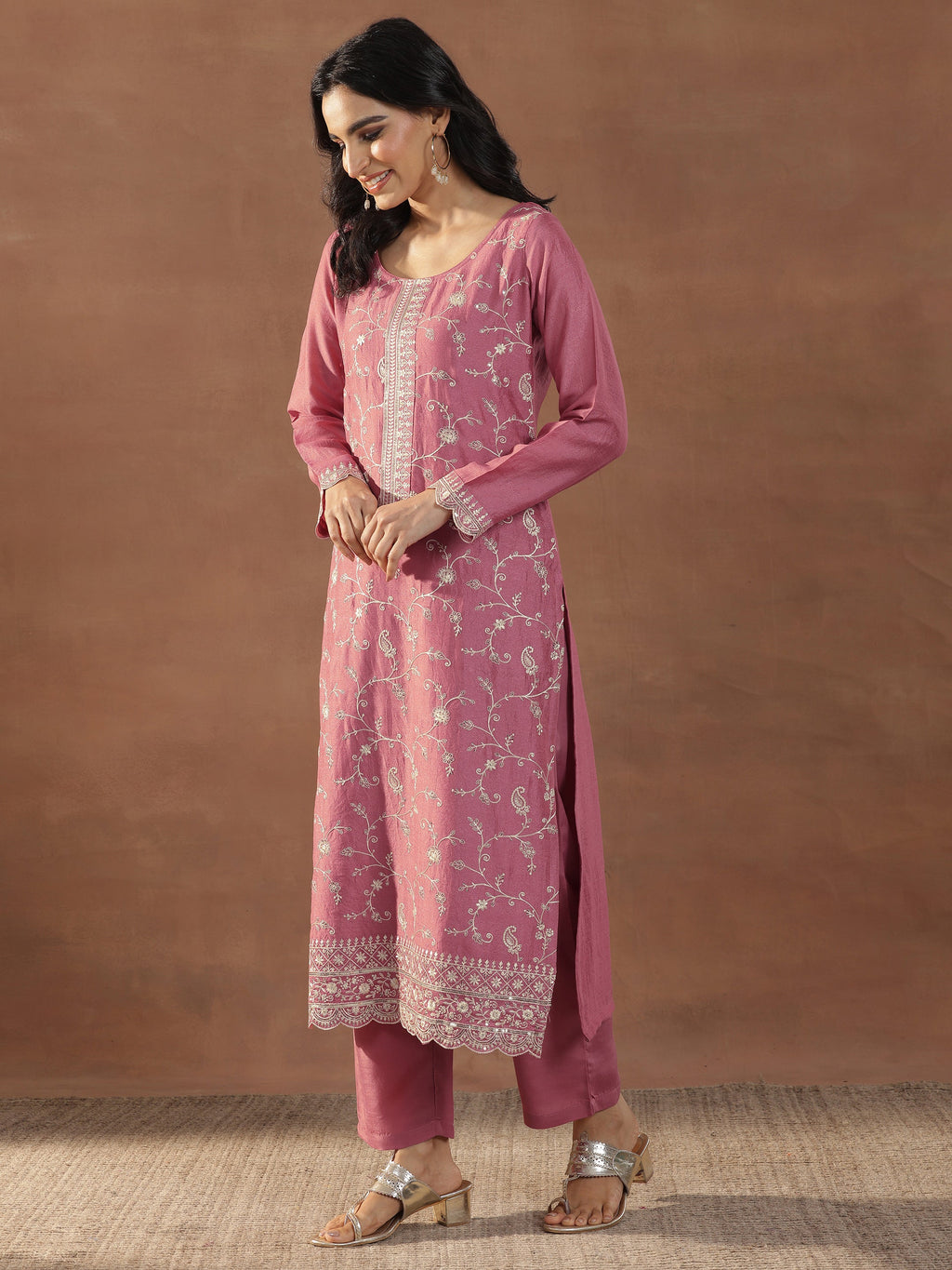 Pink Embroidered Silk Blend Straight Suits With Dupatta