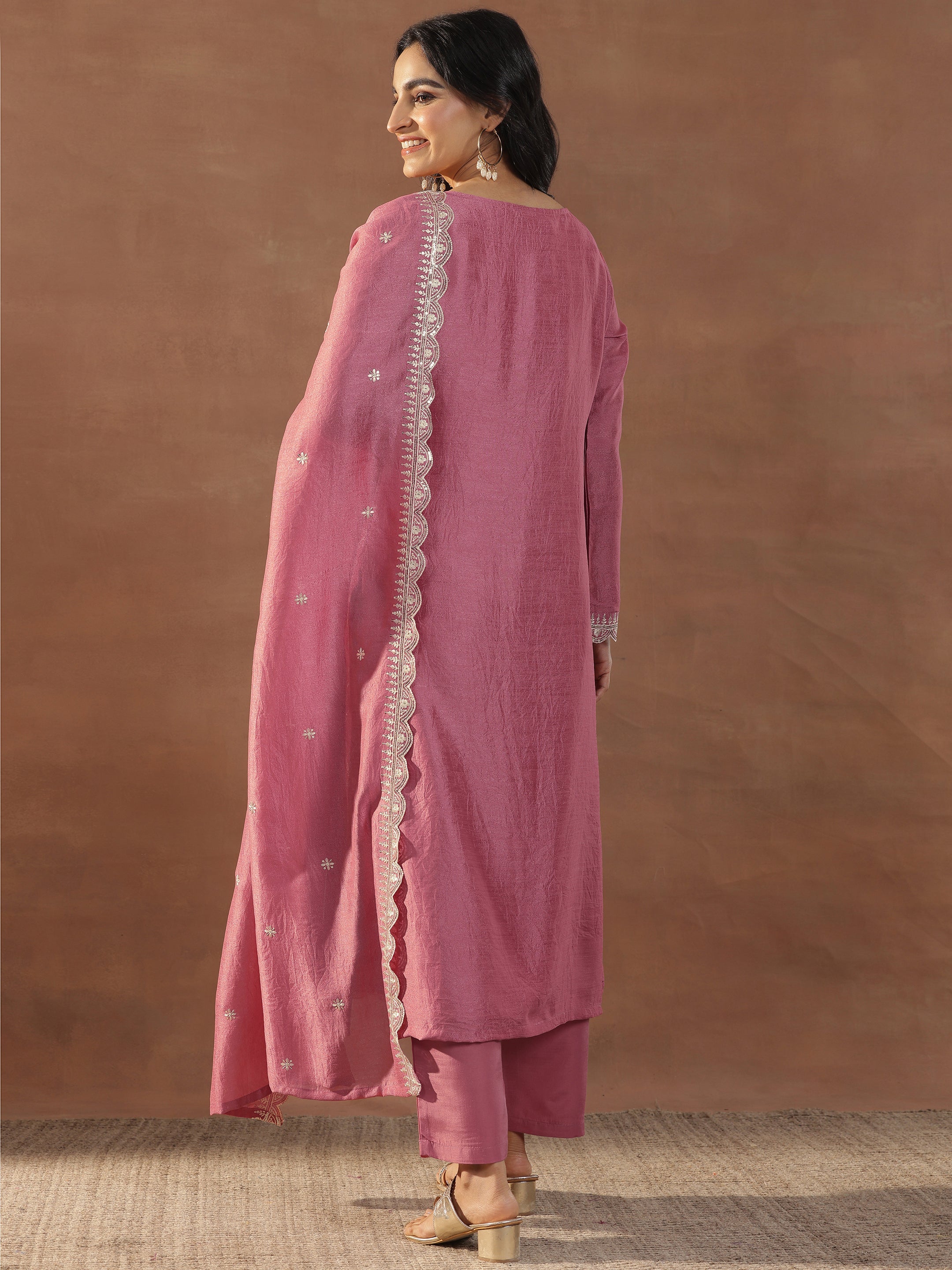 Pink Embroidered Silk Blend Straight Suits With Dupatta