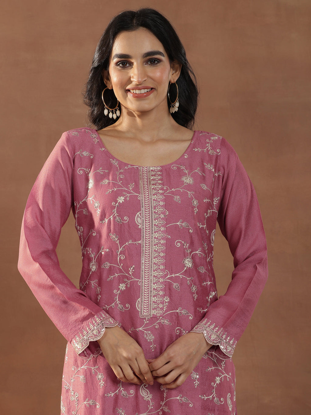 Pink Embroidered Silk Blend Straight Suits With Dupatta