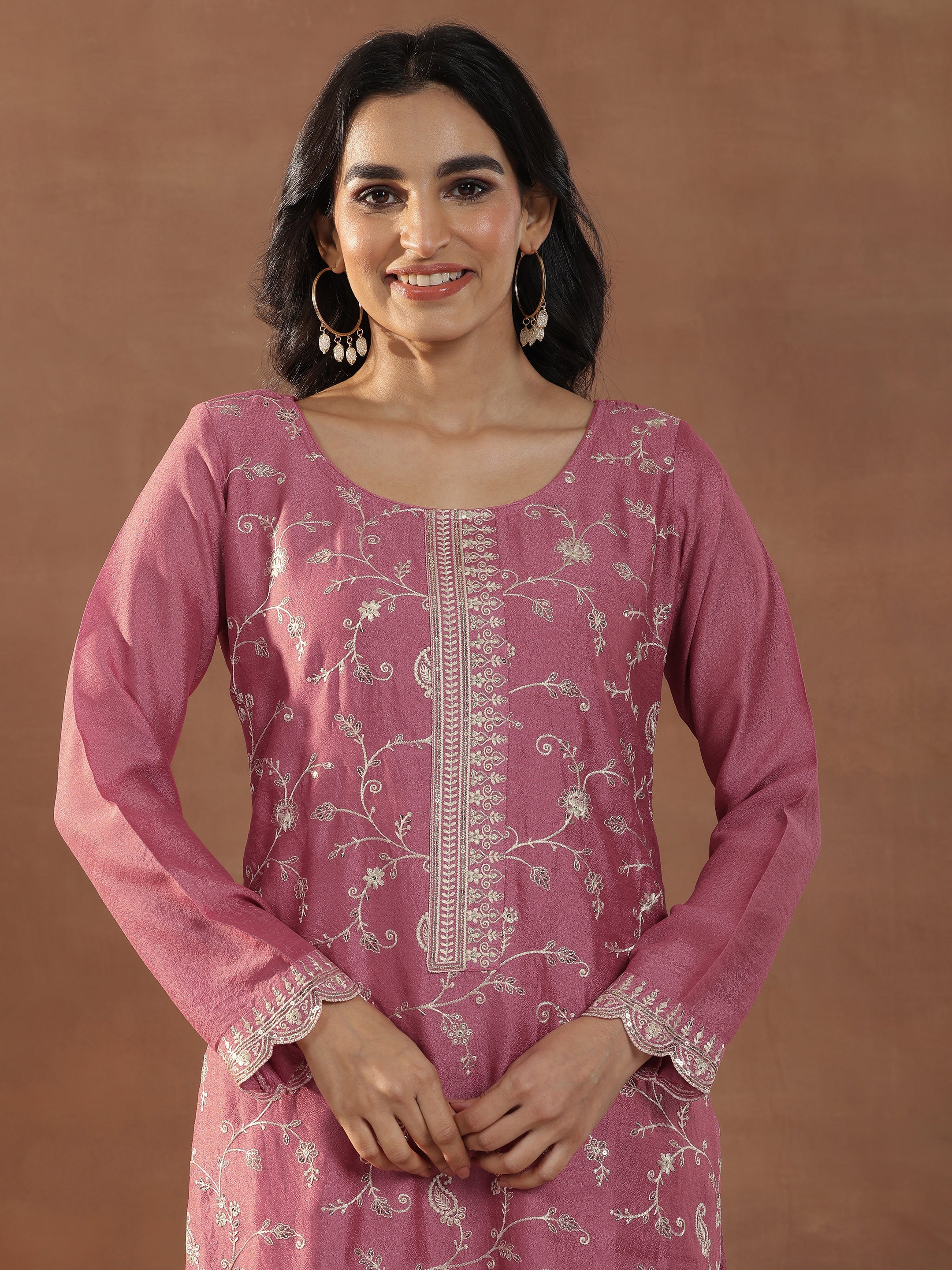 Pink Embroidered Silk Blend Straight Suits With Dupatta