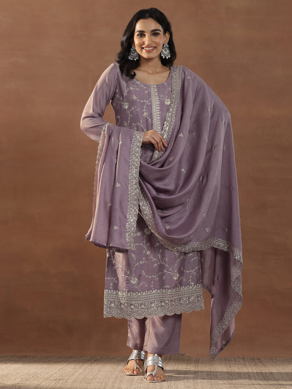 Mauve Embroidered Silk Blend Straight Suit Set With Dupatta