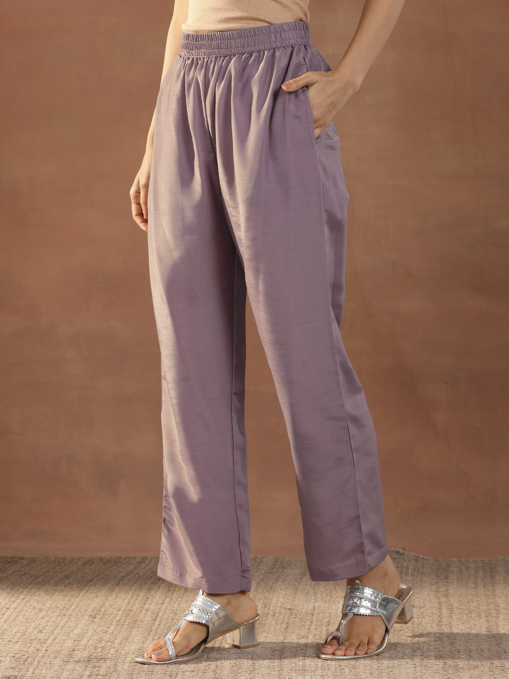 Mauve Embroidered Silk Blend Straight Suit Set With Dupatta