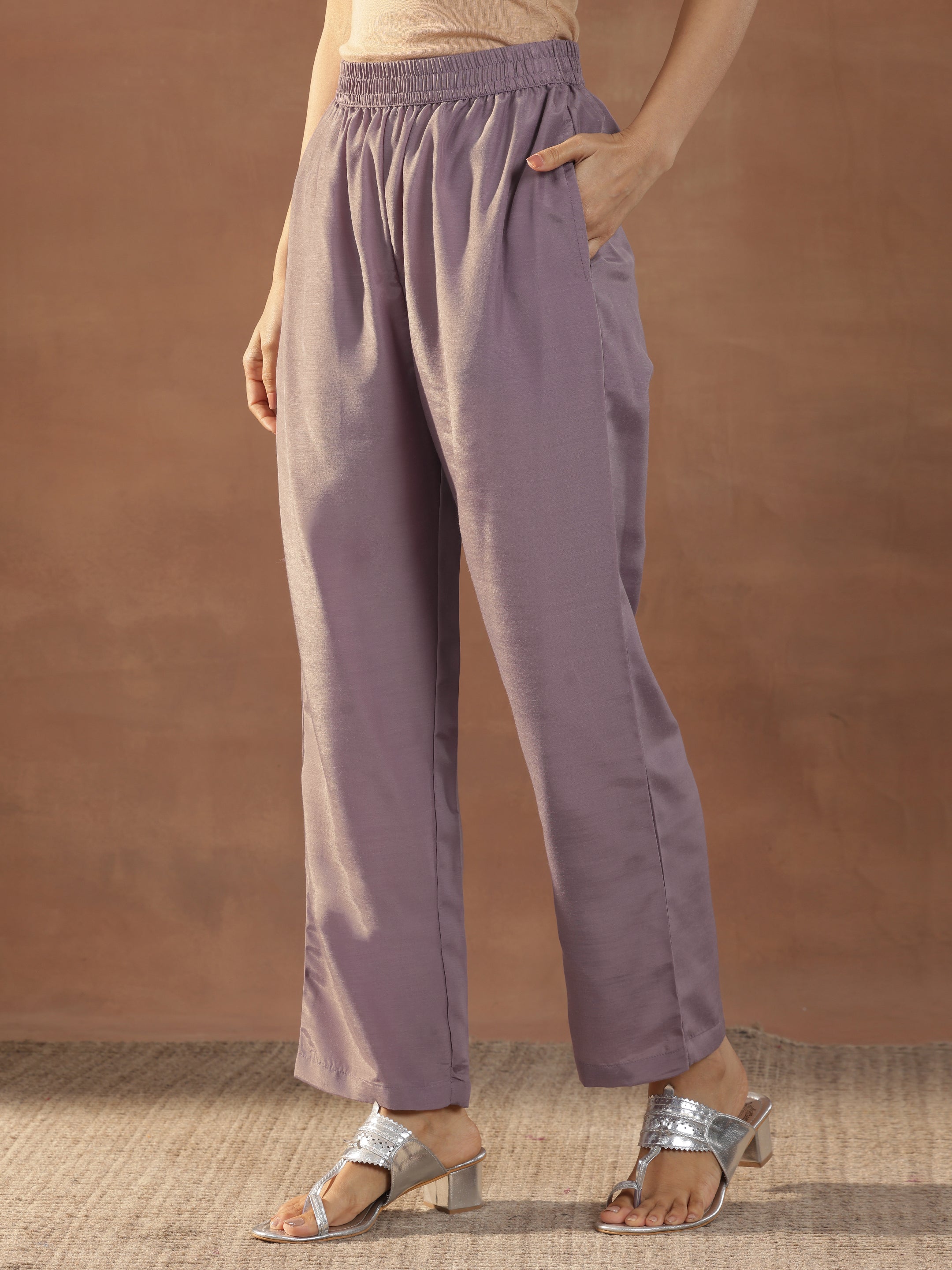 Mauve Embroidered Silk Blend Straight Suit Set With Dupatta