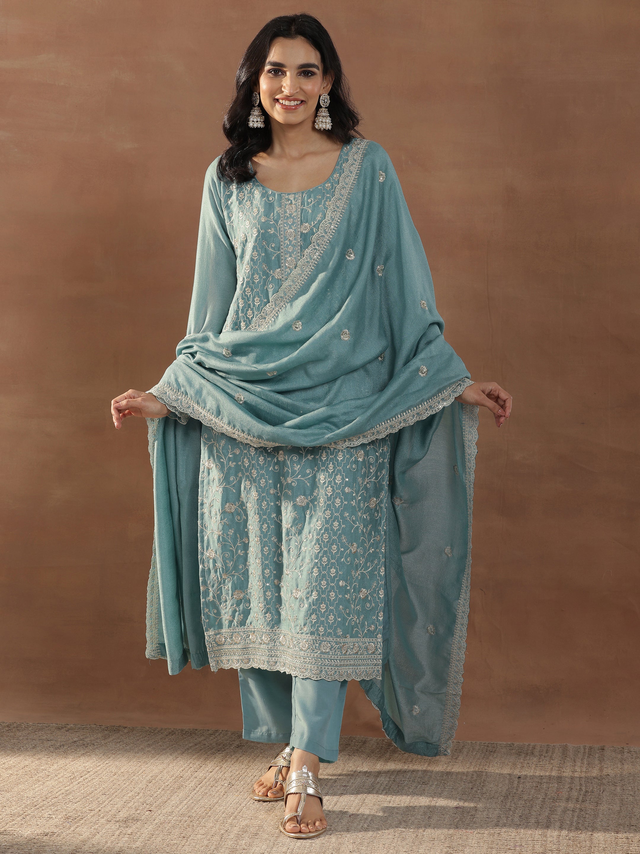 Blue Embroidered Silk Blend Straight Suits With Dupatta