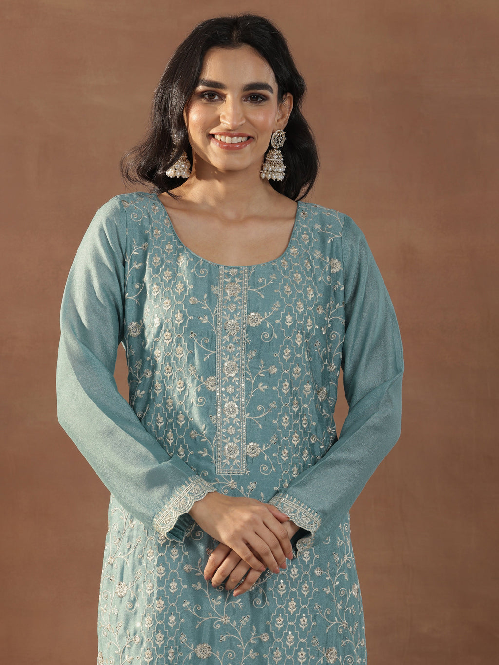 Blue Embroidered Silk Blend Straight Suits With Dupatta