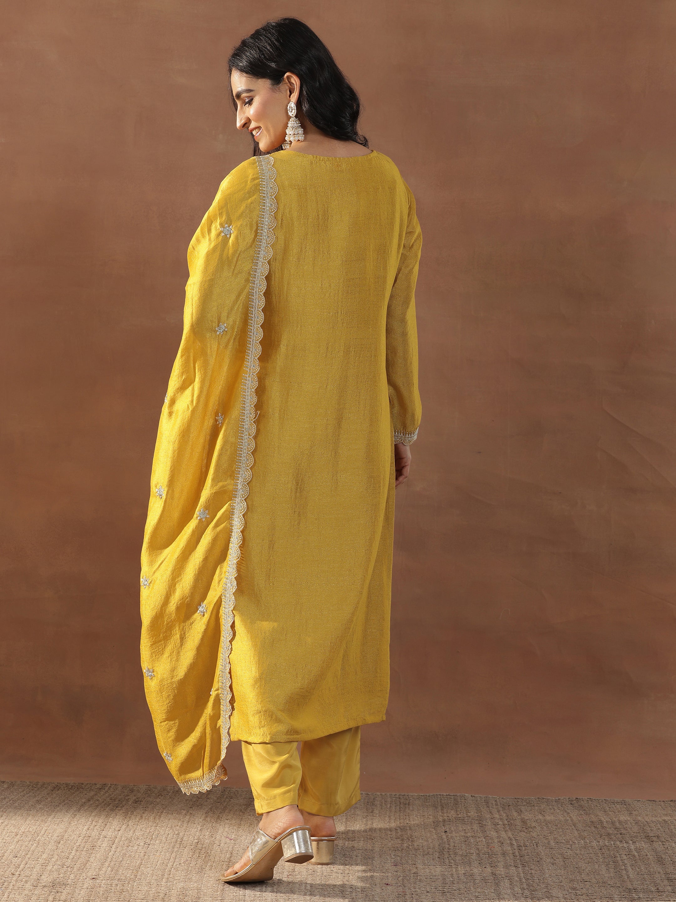 Mustard Embroidered Silk Blend Straight Suits With Dupatta