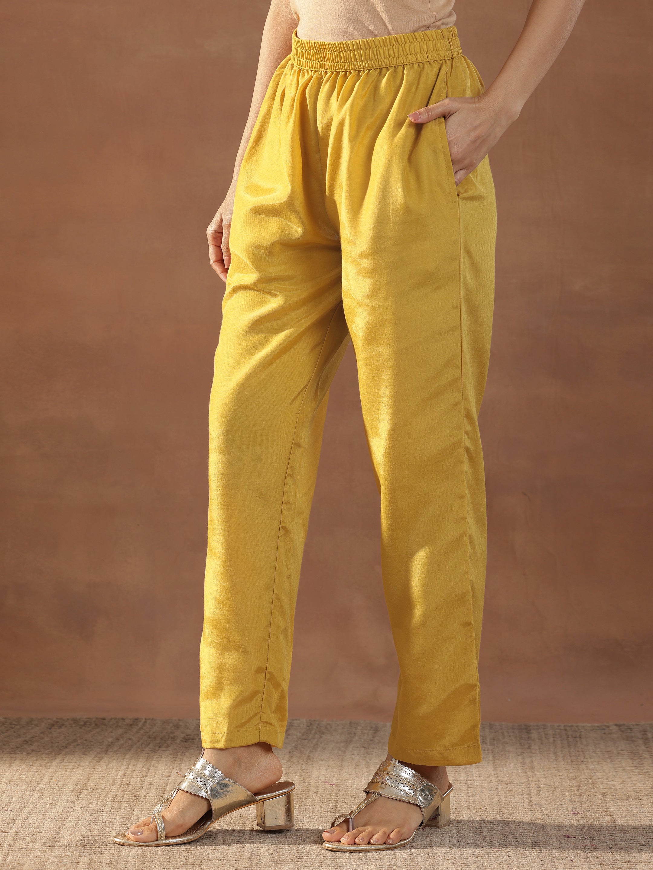 Mustard Embroidered Silk Blend Straight Suits With Dupatta