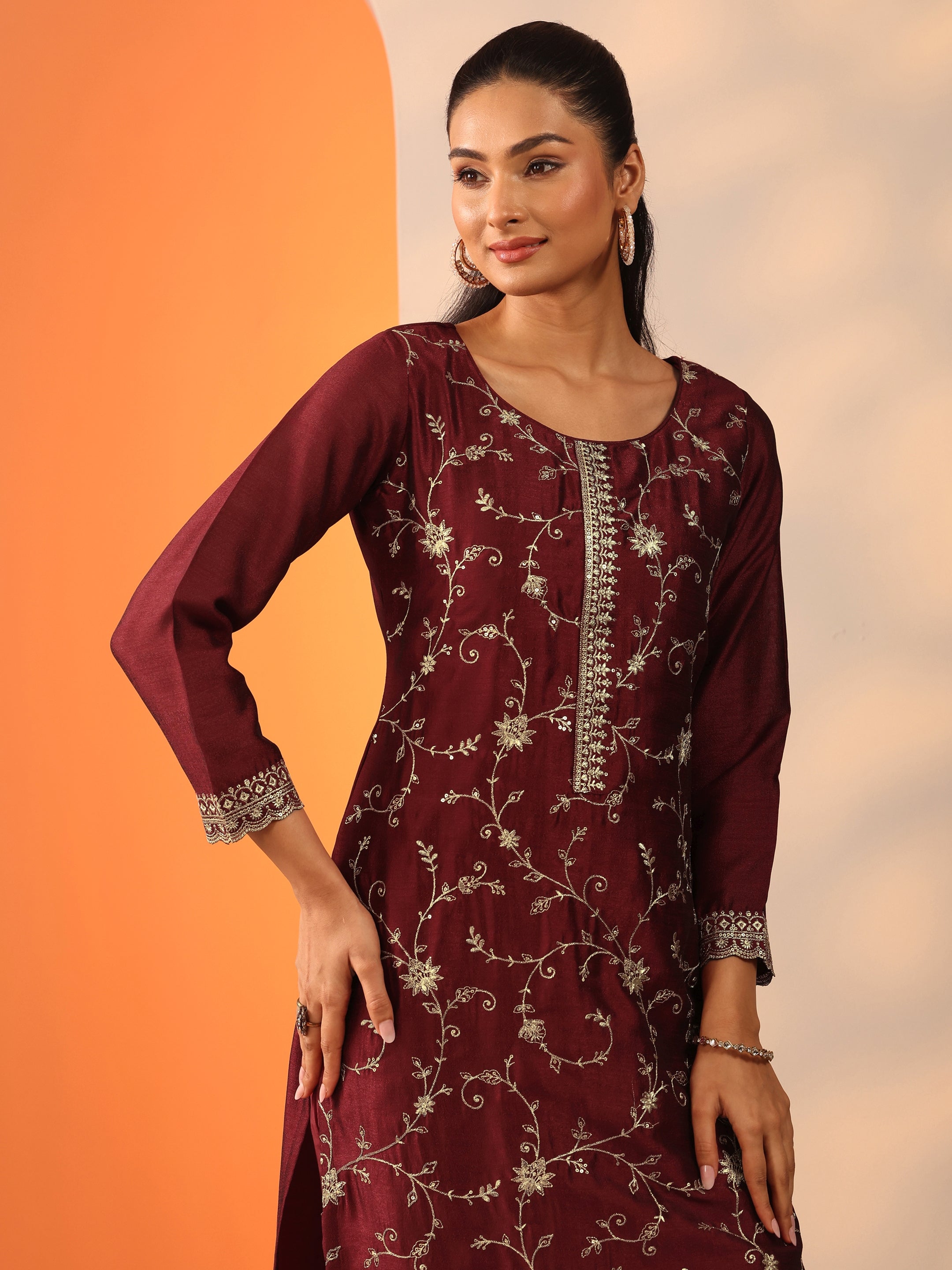 Maroon Embroidered Silk Blend Straight Suit Set With Dupatta