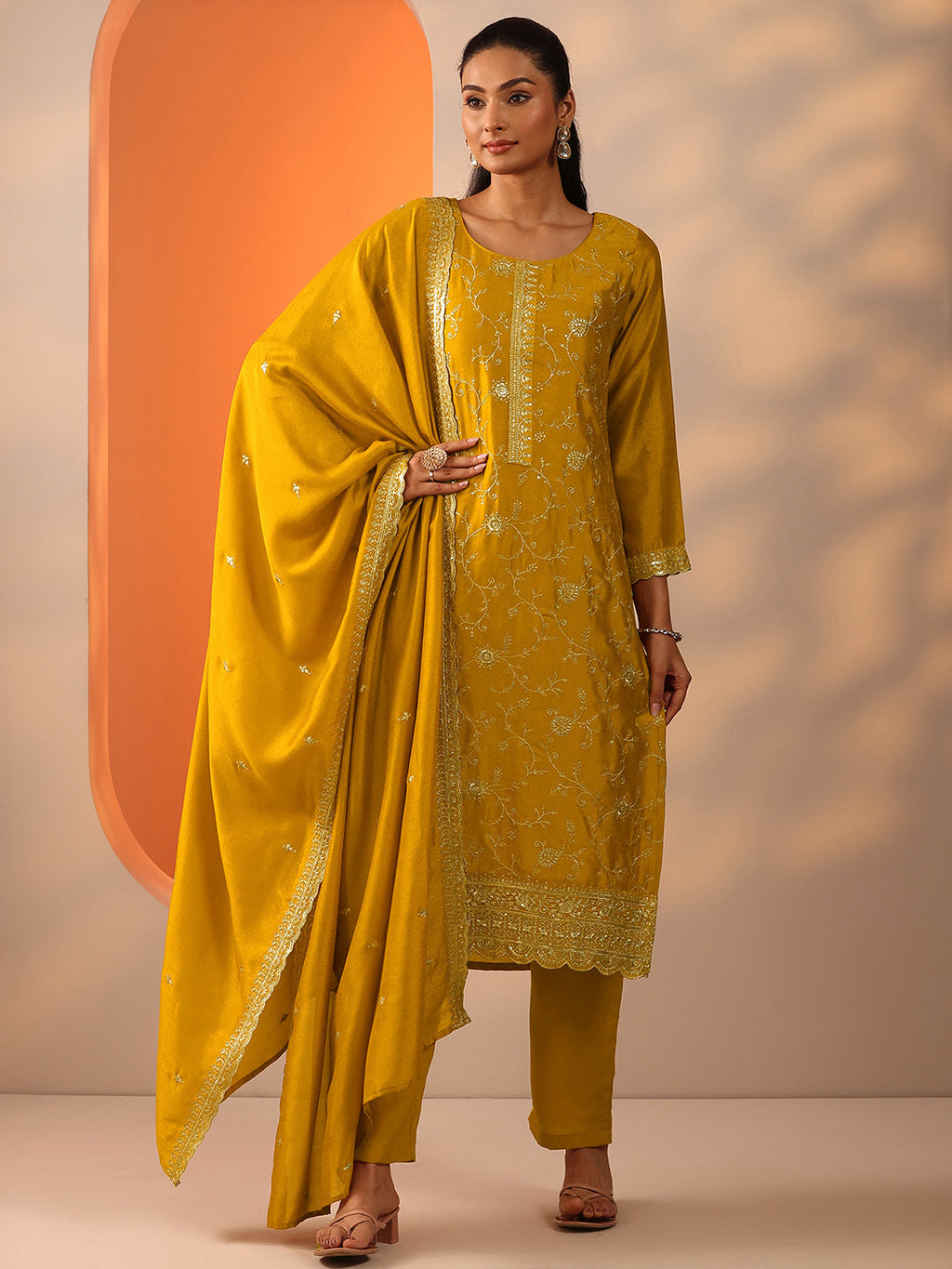 Mustard Embroidered Silk Blend Straight Suit Set With Dupatta