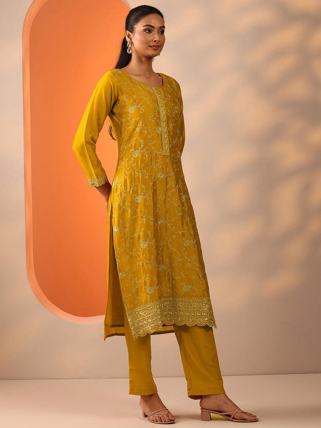 Mustard Embroidered Silk Blend Straight Suit Set With Dupatta