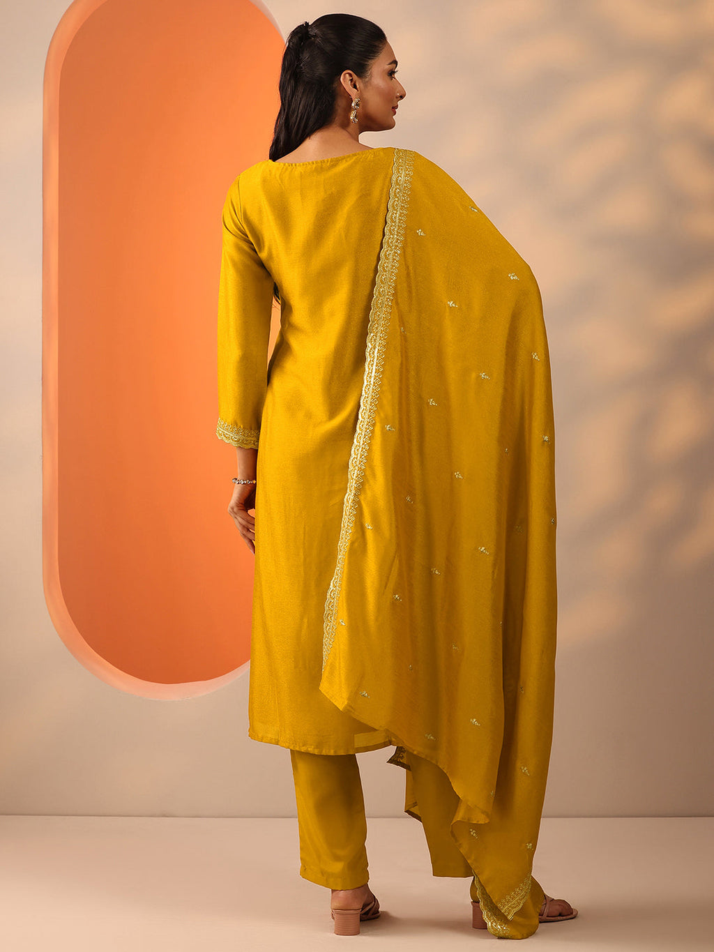 Mustard Embroidered Silk Blend Straight Suit Set With Dupatta