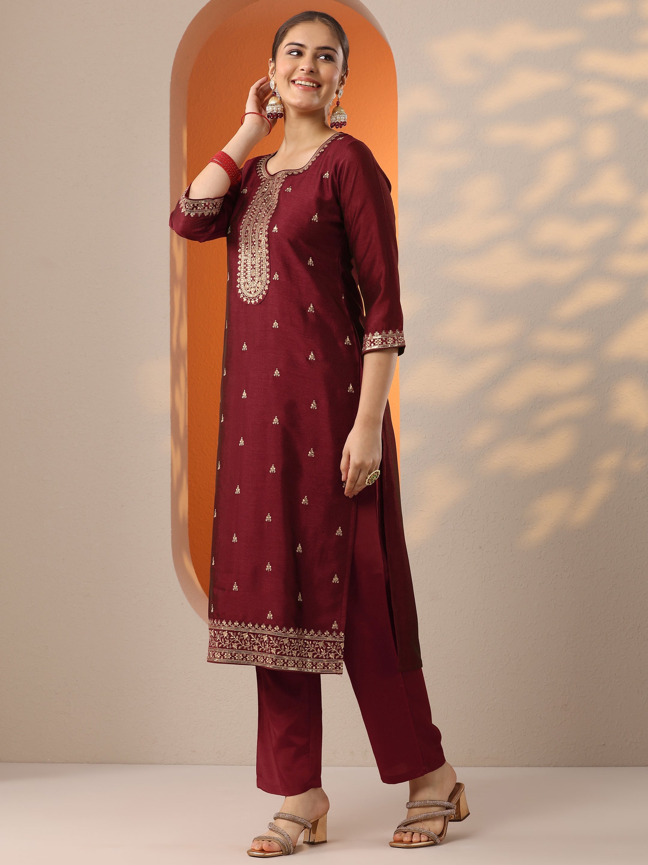 Maroon Embroidered Silk Blend Straight Suit Set With Dupatta