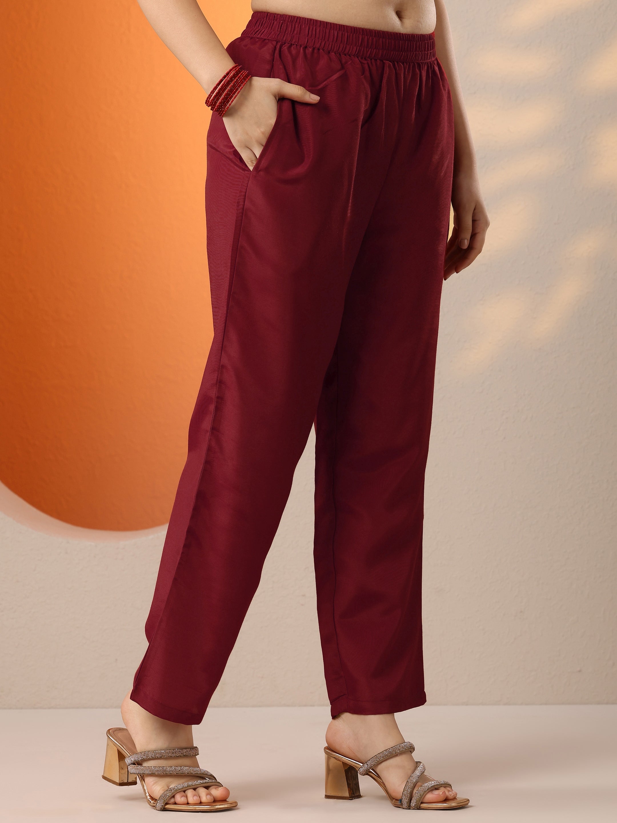 Maroon Embroidered Silk Blend Straight Suit Set With Dupatta