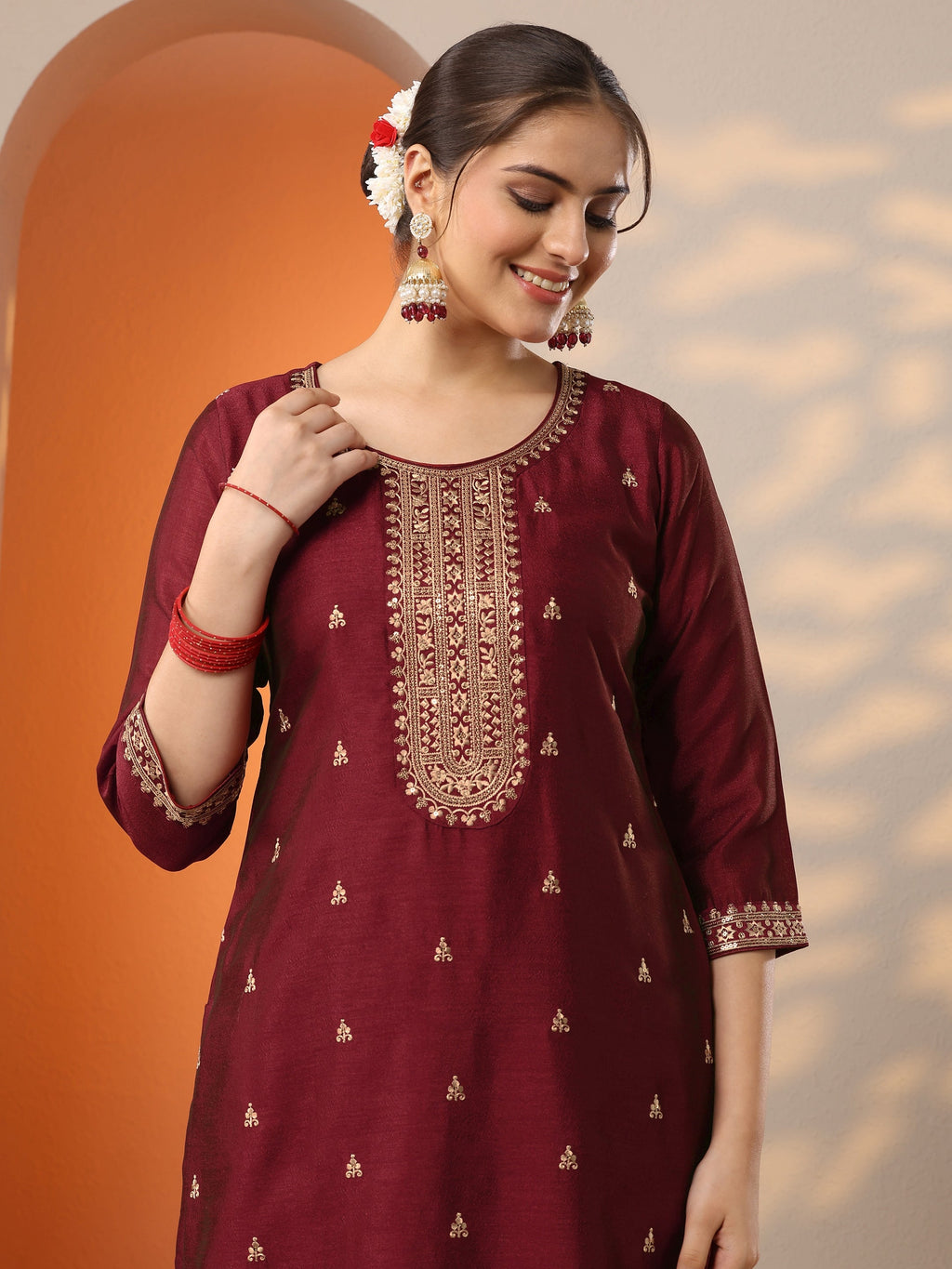 Maroon Embroidered Silk Blend Straight Suit Set With Dupatta