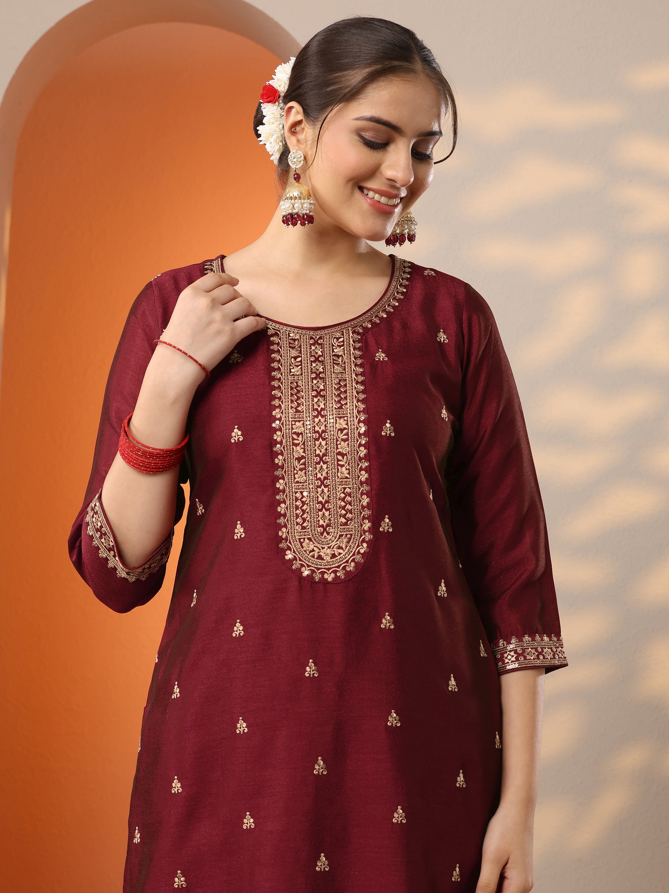 Maroon Embroidered Silk Blend Straight Suit Set With Dupatta