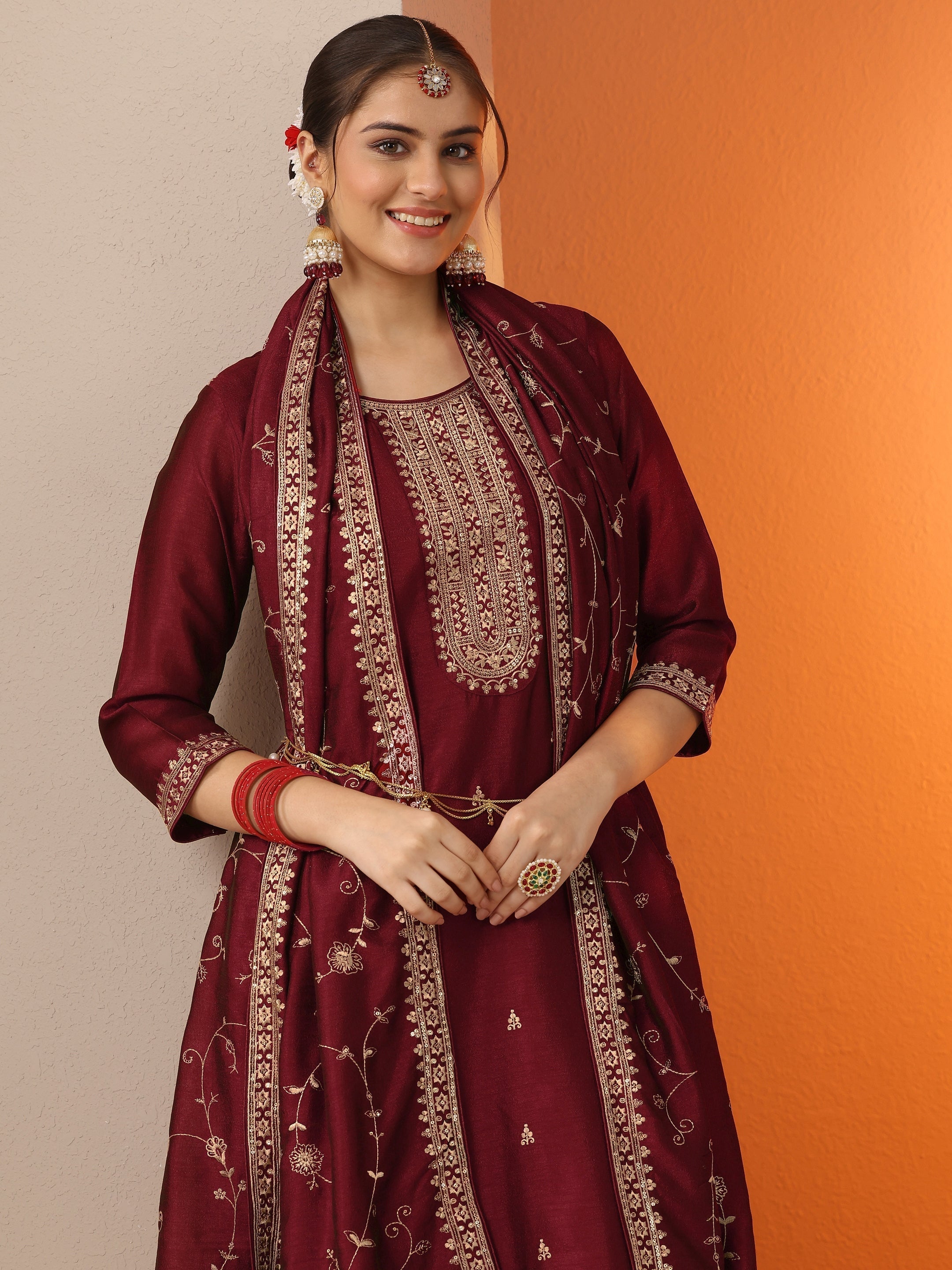 Maroon Embroidered Silk Blend Straight Suit Set With Dupatta
