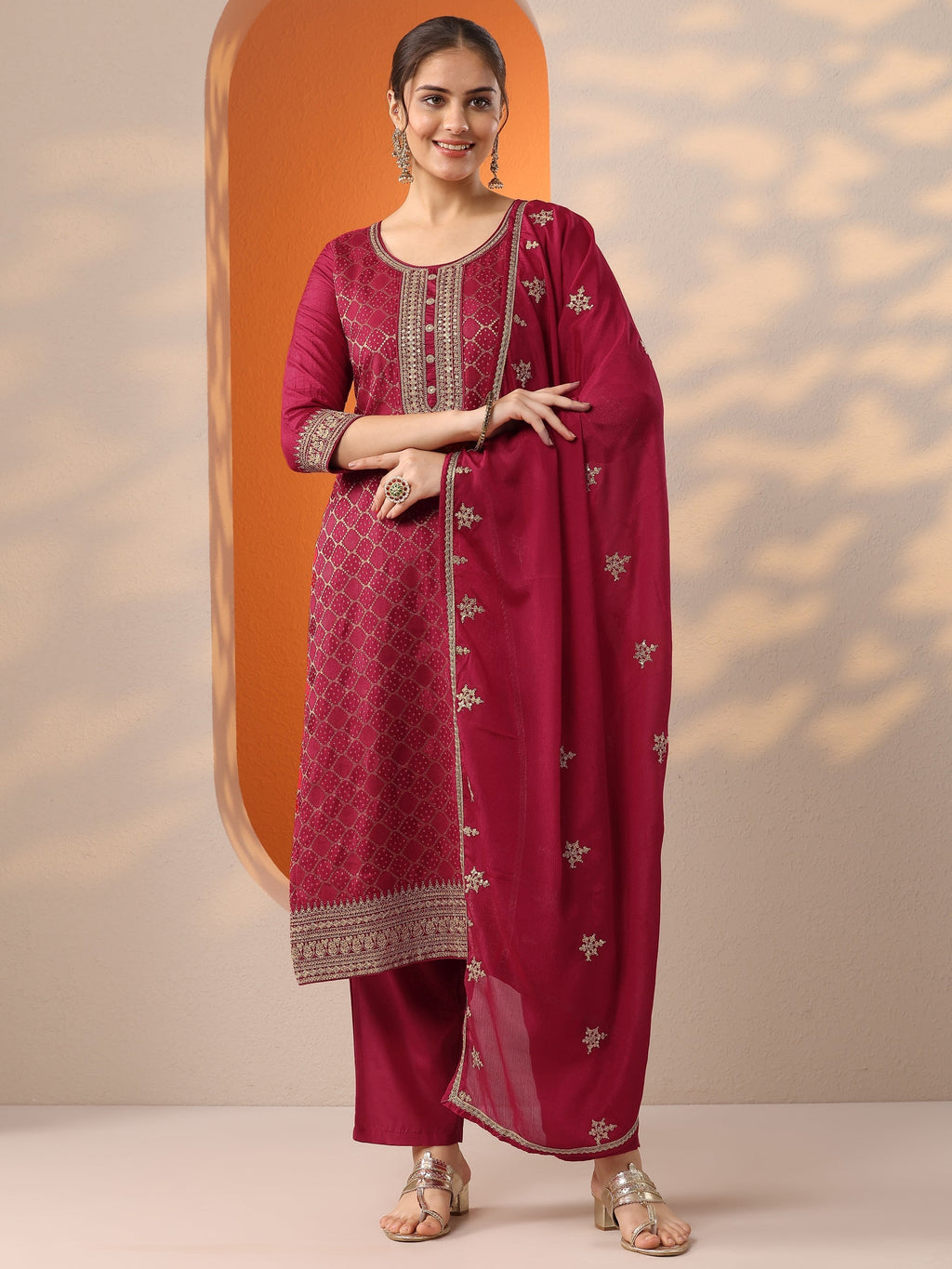 Pink Woven Design Silk Blend Straight Suit Set With Dupatta