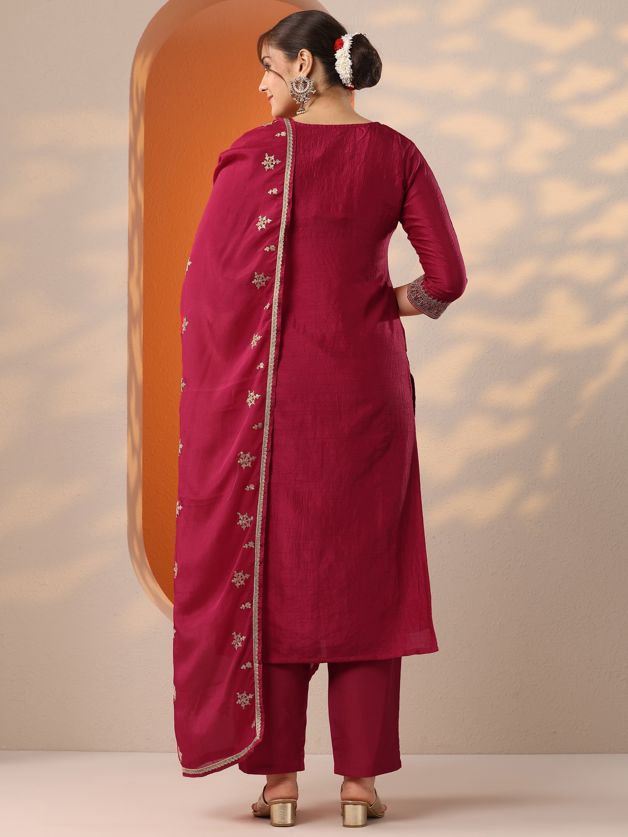 Pink Woven Design Silk Blend Straight Suit Set With Dupatta