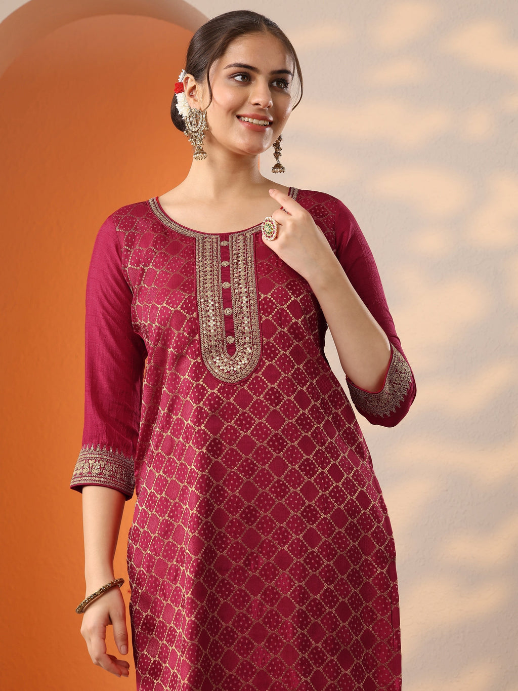 Pink Woven Design Silk Blend Straight Suit Set With Dupatta