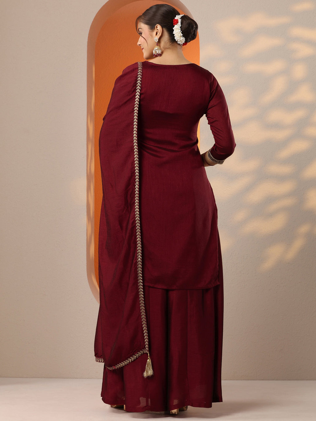 Maroon Embroidered Silk Blend Straight Suit Set With Dupatta