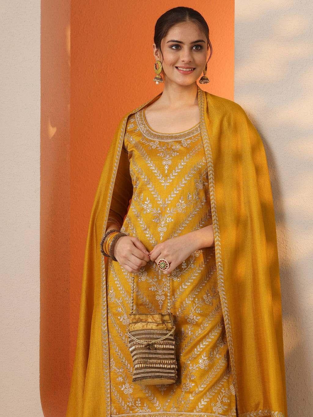 Mustard Embroidered Silk Blend Straight Suit Set With Dupatta