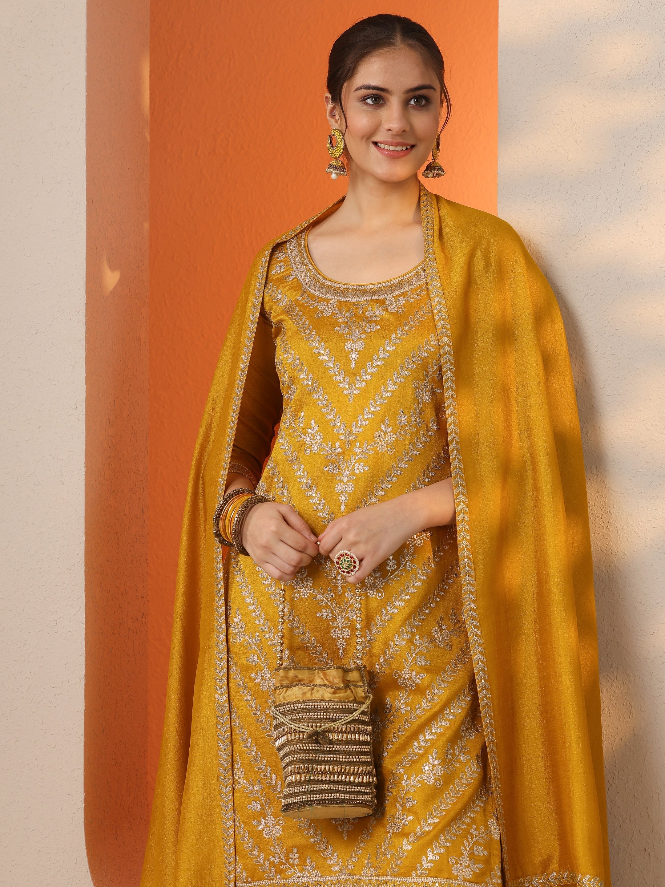 Mustard Embroidered Silk Blend Straight Suit Set With Dupatta
