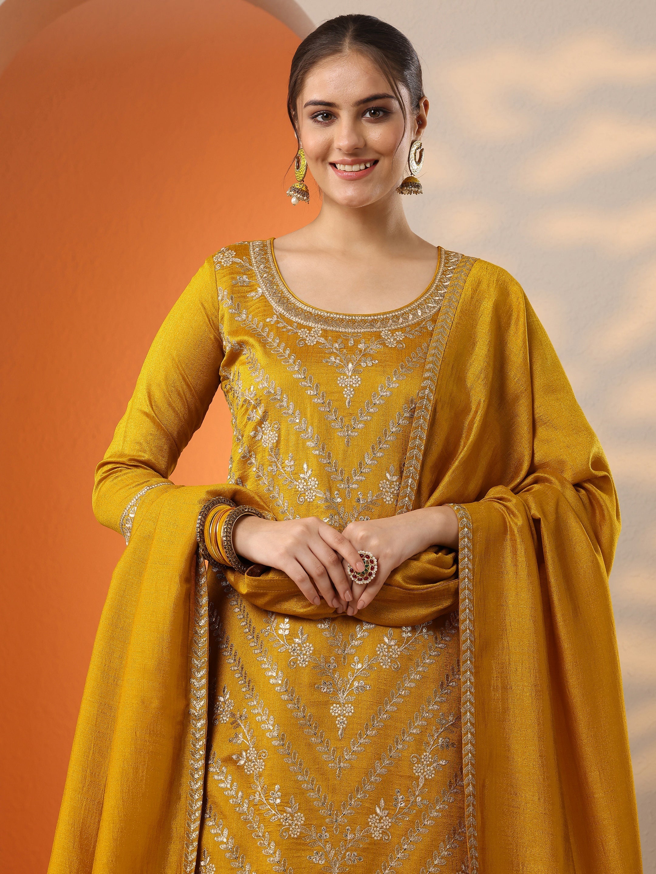 Mustard Embroidered Silk Blend Straight Suit Set With Dupatta