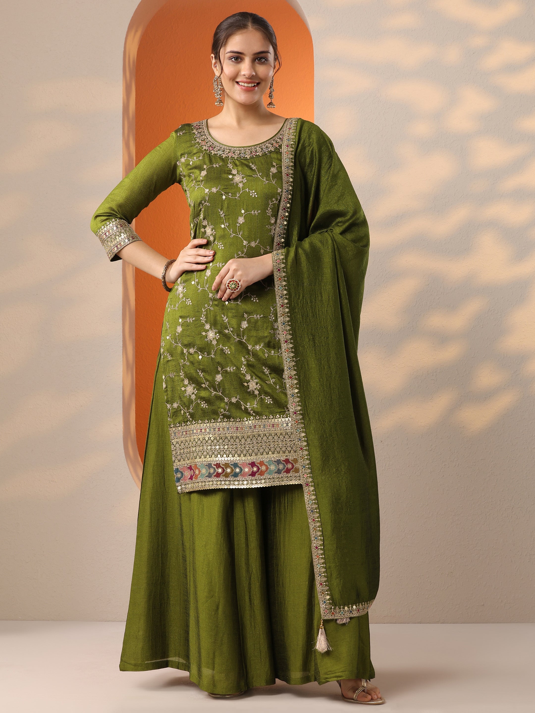 Olive Embroidered Silk Blend Straight Suit Set With Dupatta