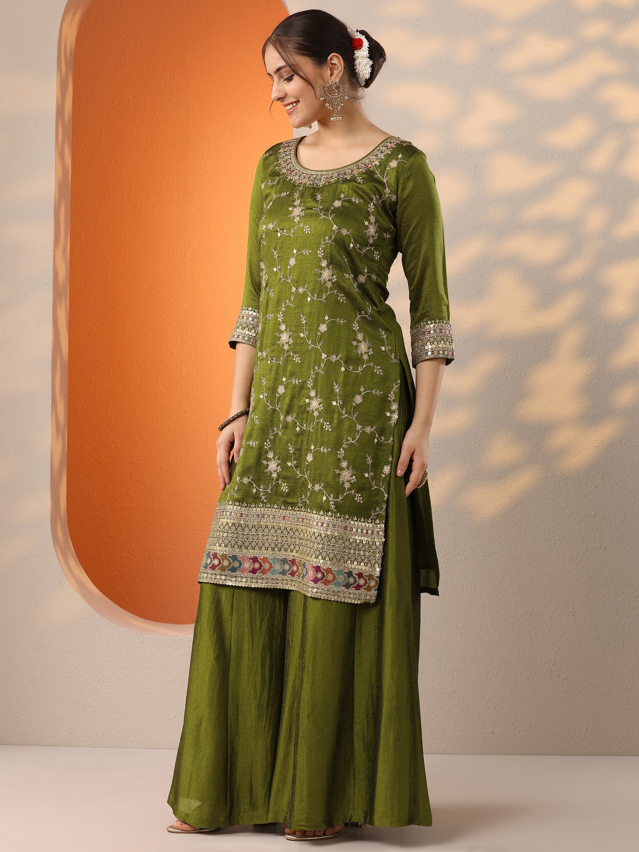 Olive Embroidered Silk Blend Straight Suit Set With Dupatta