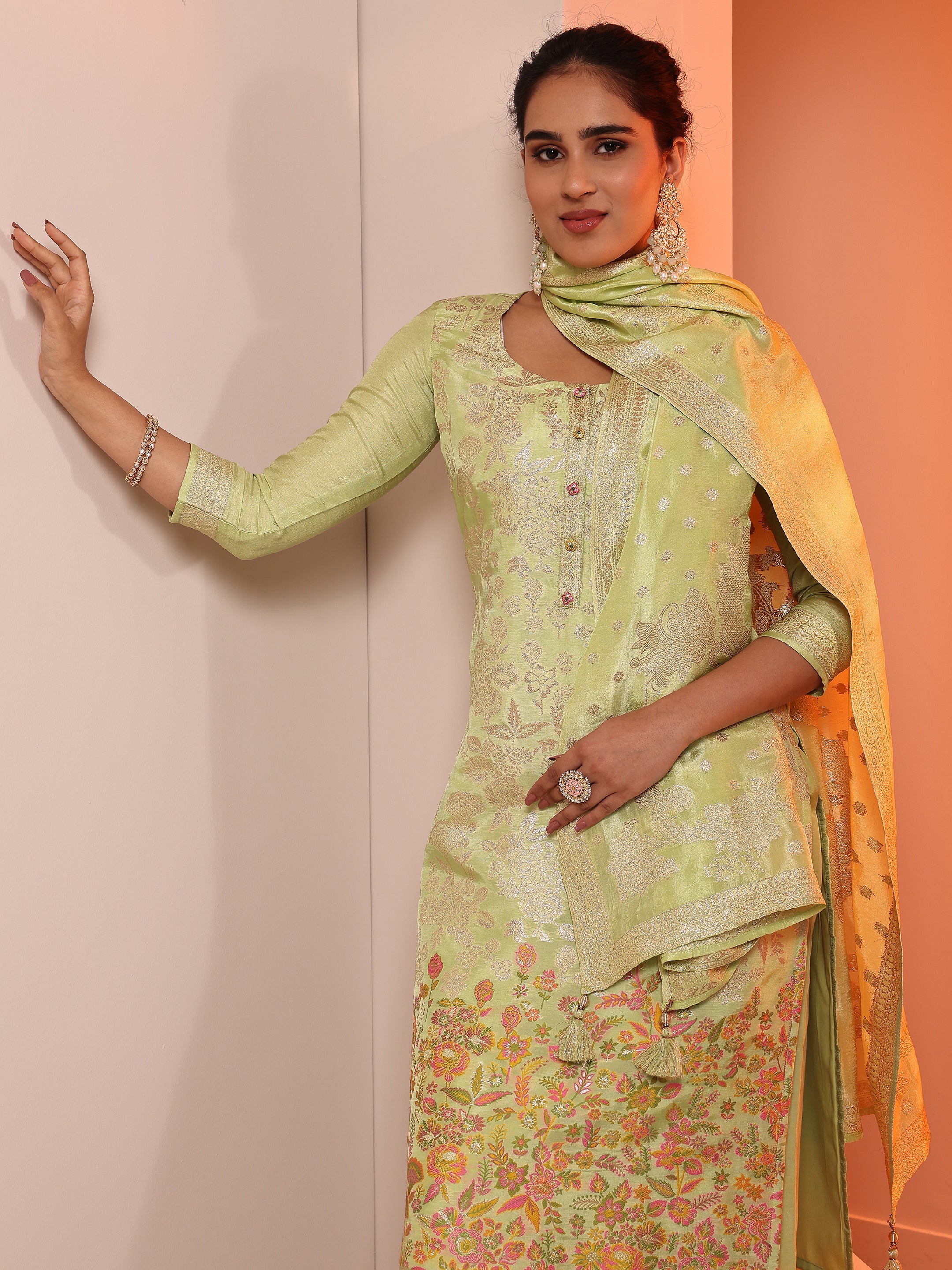 Green Woven Design Silk Blend Straight Suit Set With Dupatta