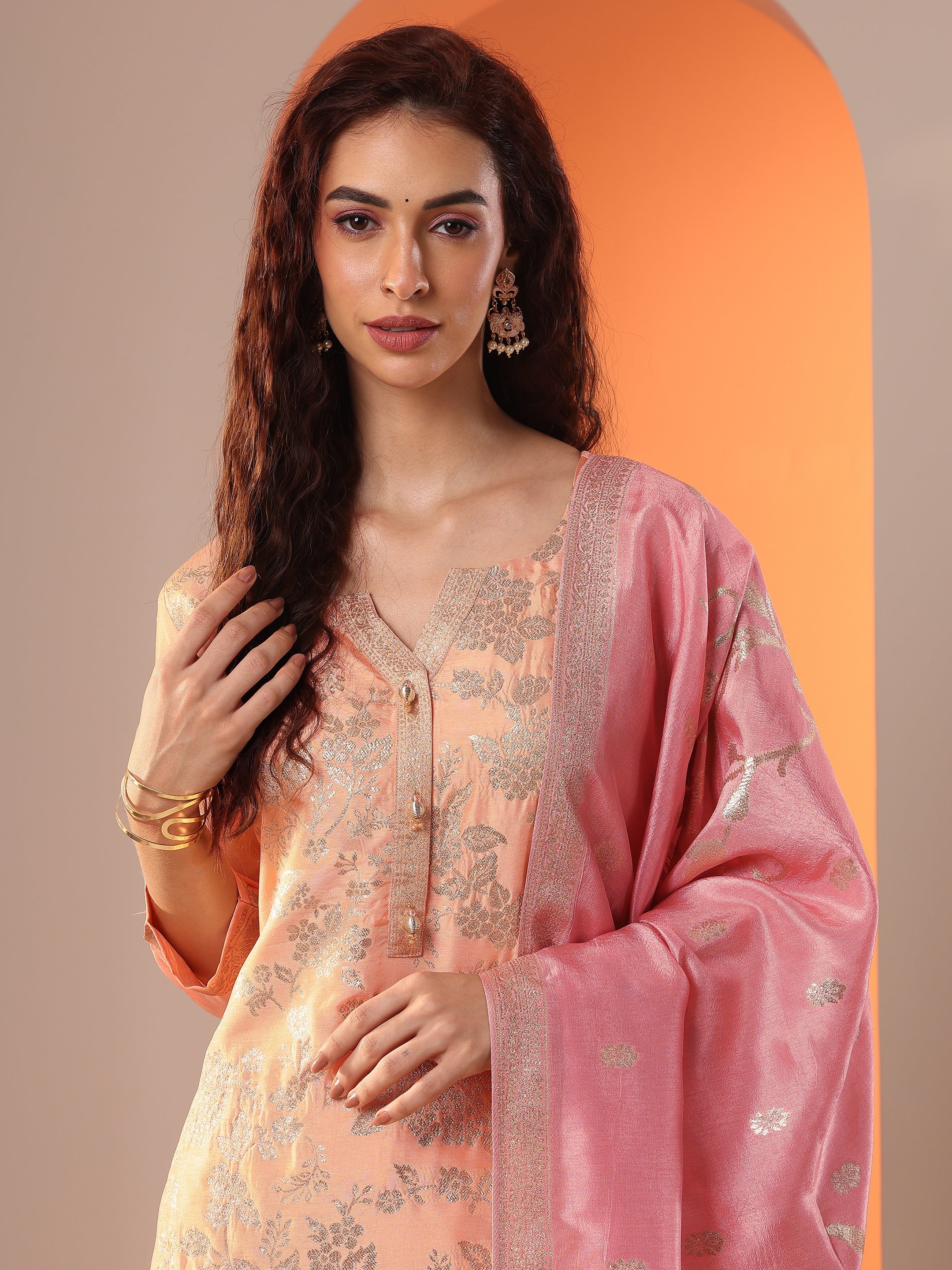 Peach Woven Design Silk Blend Straight Suit Set With Dupatta