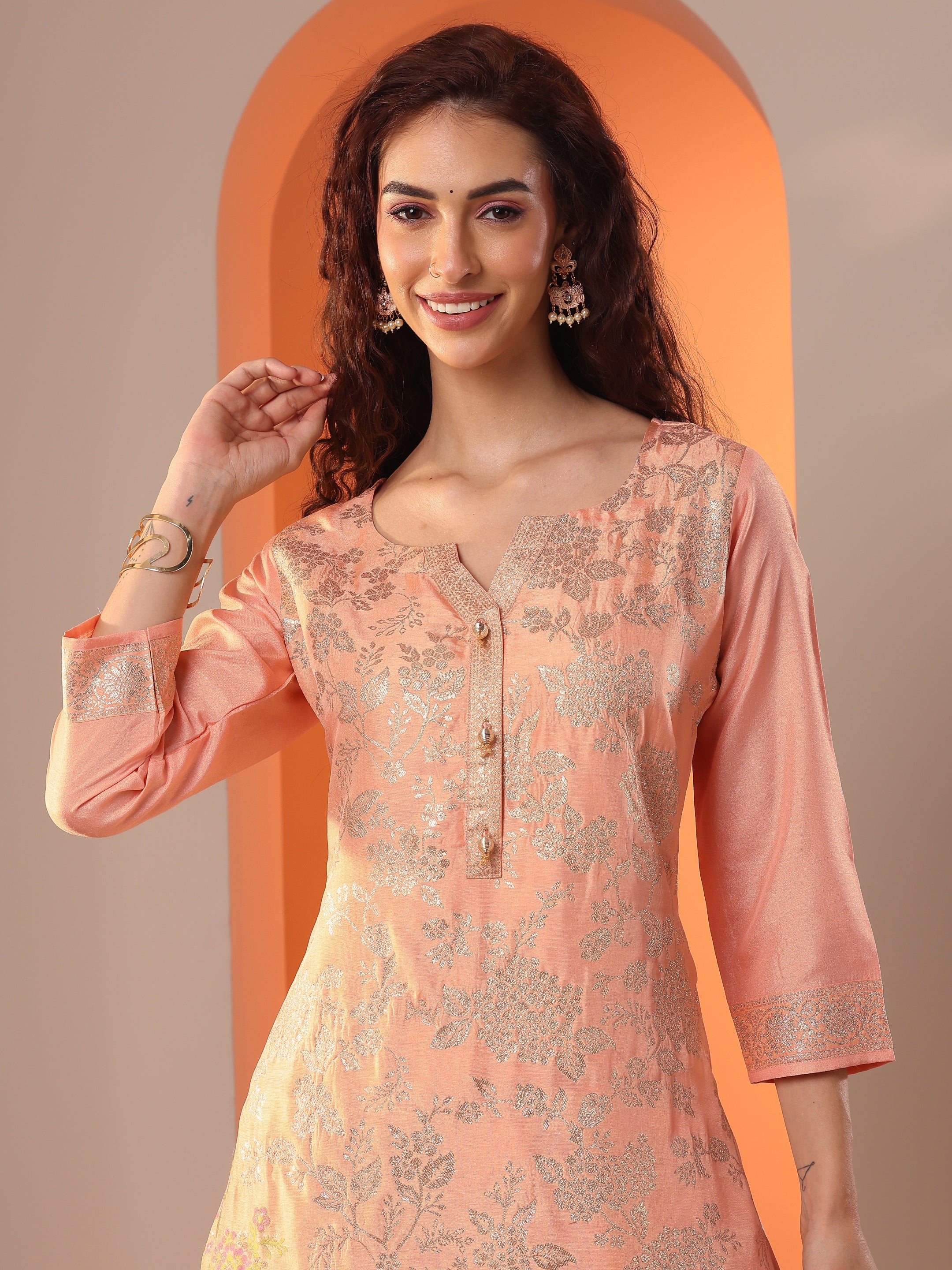 Peach Woven Design Silk Blend Straight Suit Set With Dupatta
