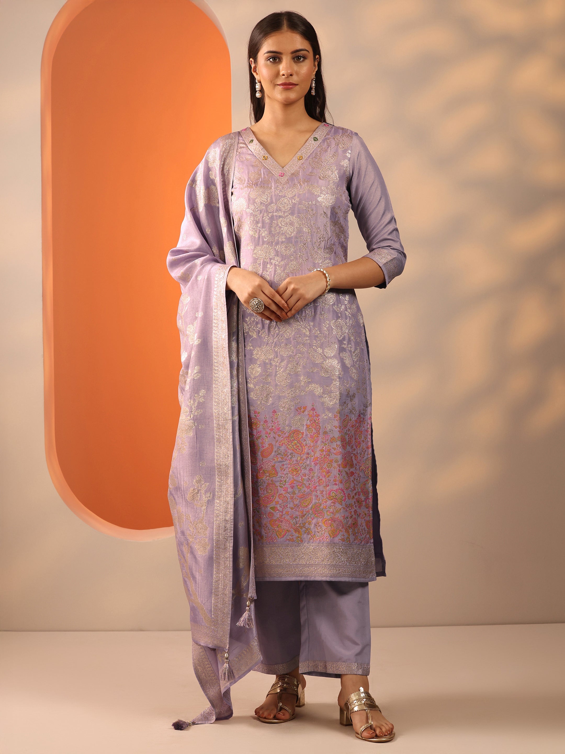 Lavender Woven Design Silk Blend Straight Suit Set With Dupatta